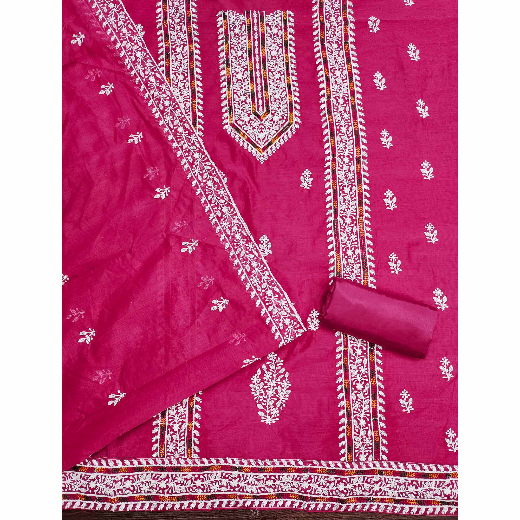 Rani Pink Floral Embroidered Modal Chanderi Silk Dress Material