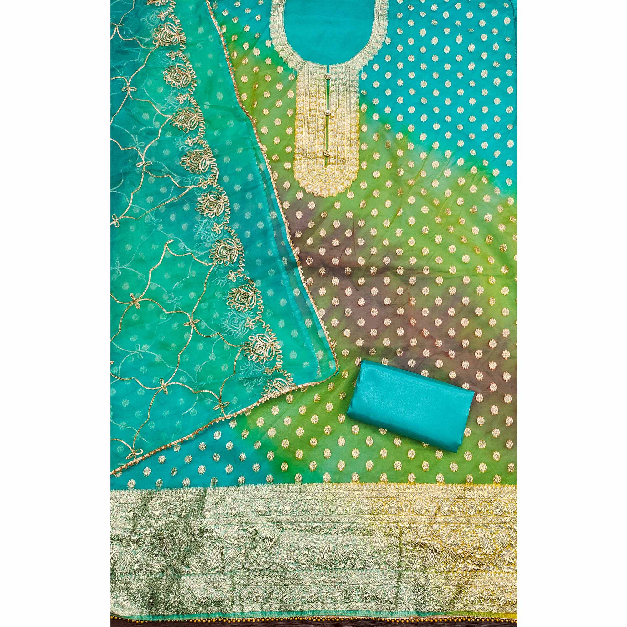 Turquoise Floral Woven Organza Jacquard Dress Material