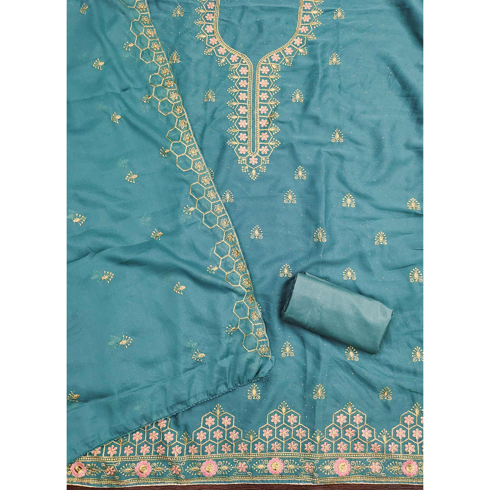 Blue Floral Embroidered Georgette Dress Material