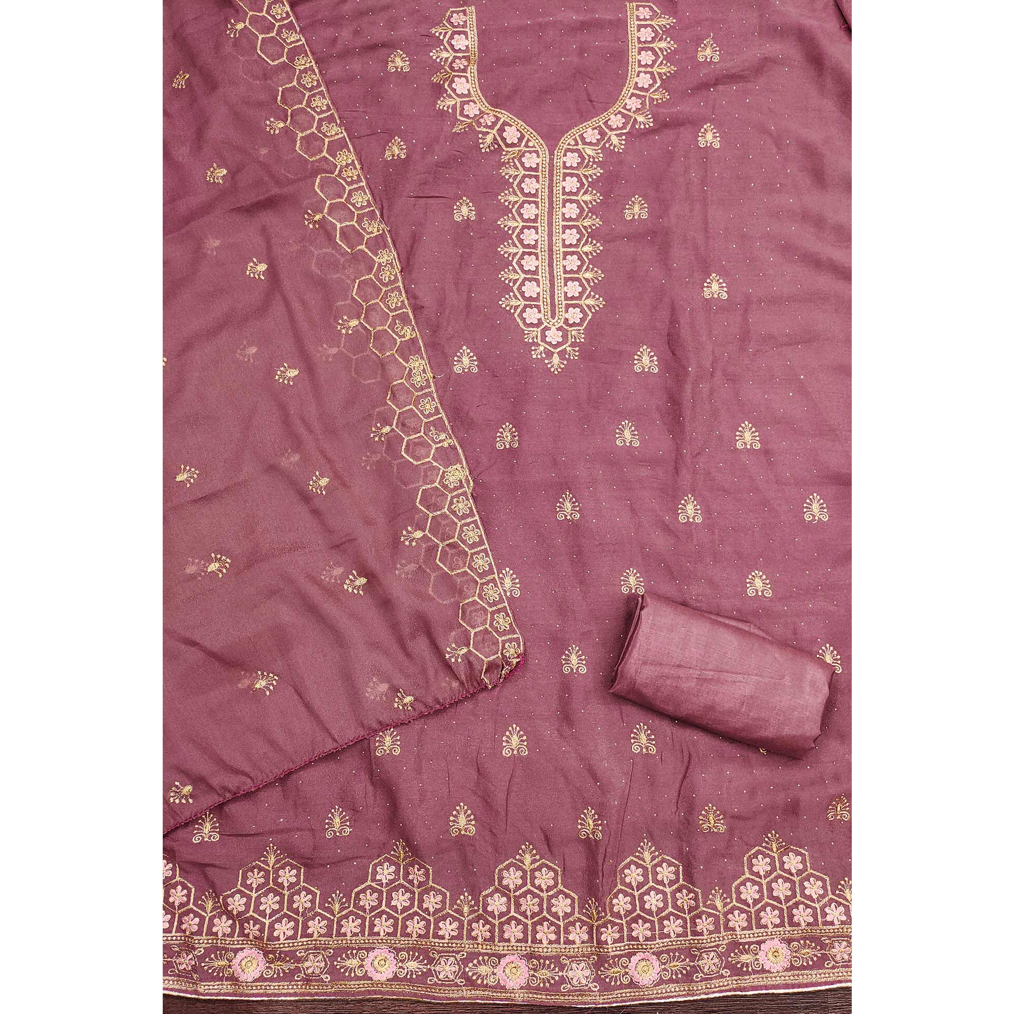 Mauve Floral Embroidered Georgette Dress Material