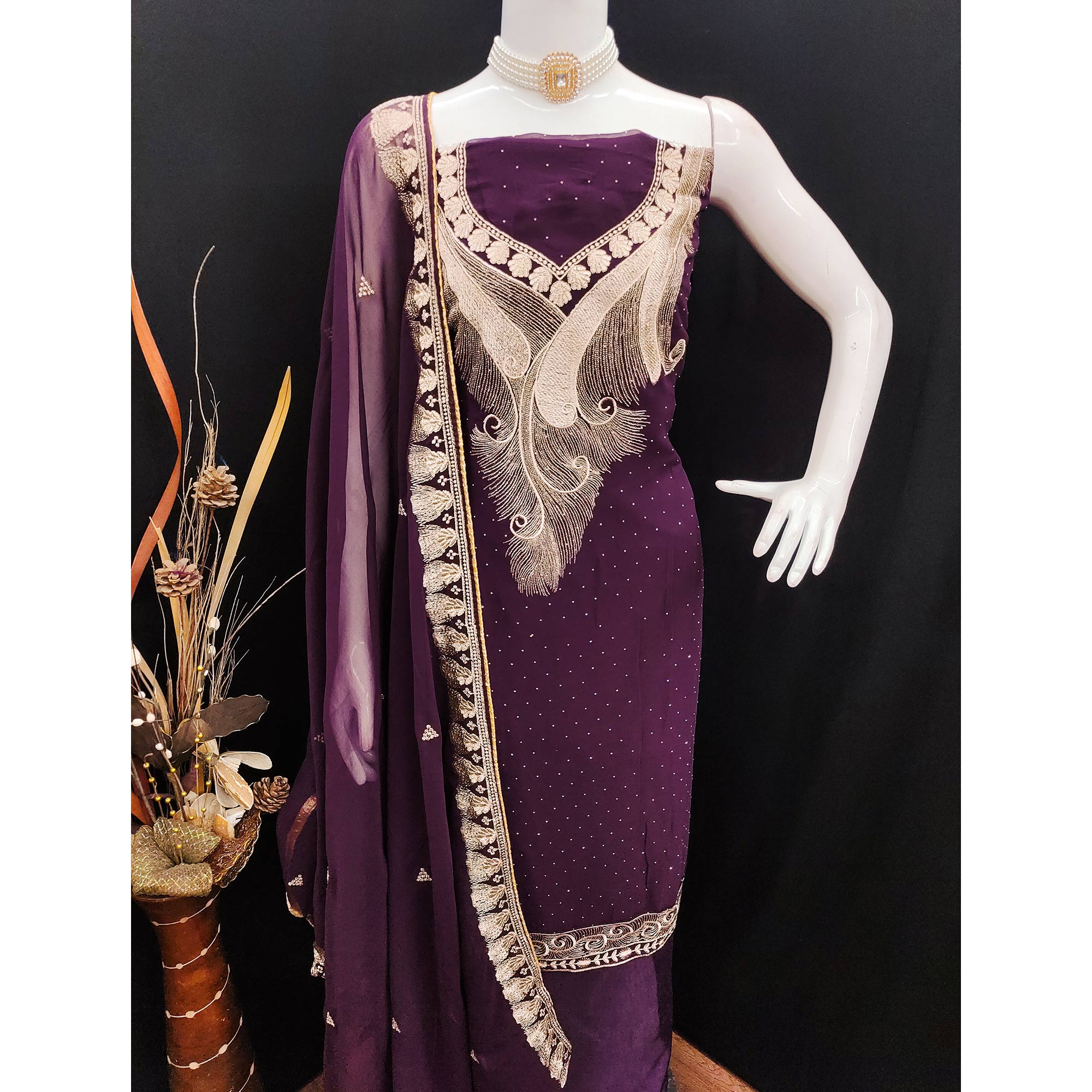 Wine Embroidered With Swarovski Work Georgette Dress Material