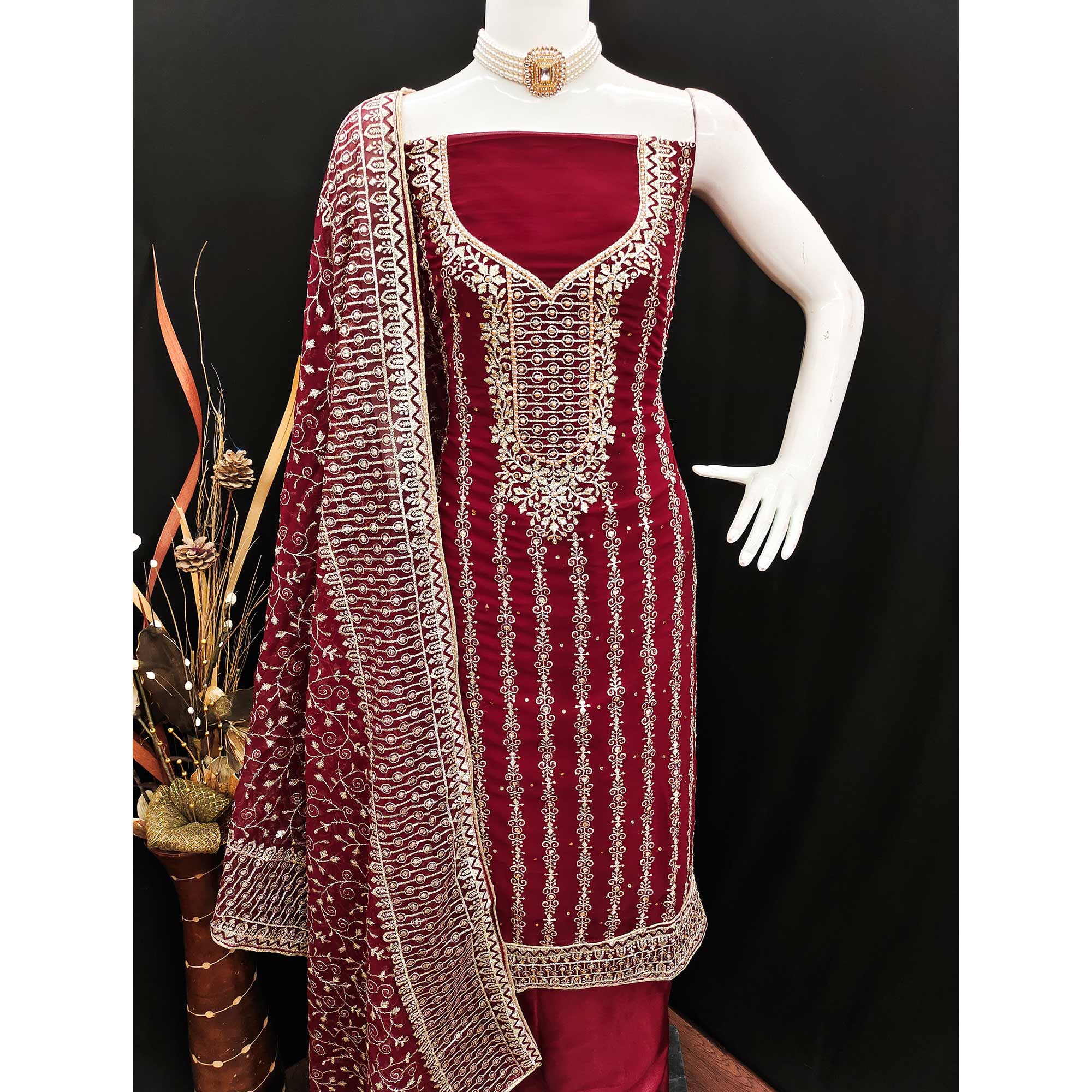 Maroon Floral Embroidered Georgette Dress Material