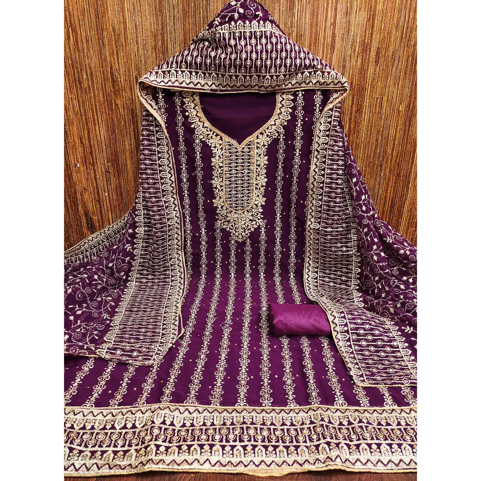 Wine Floral Embroidered Georgette Dress Material