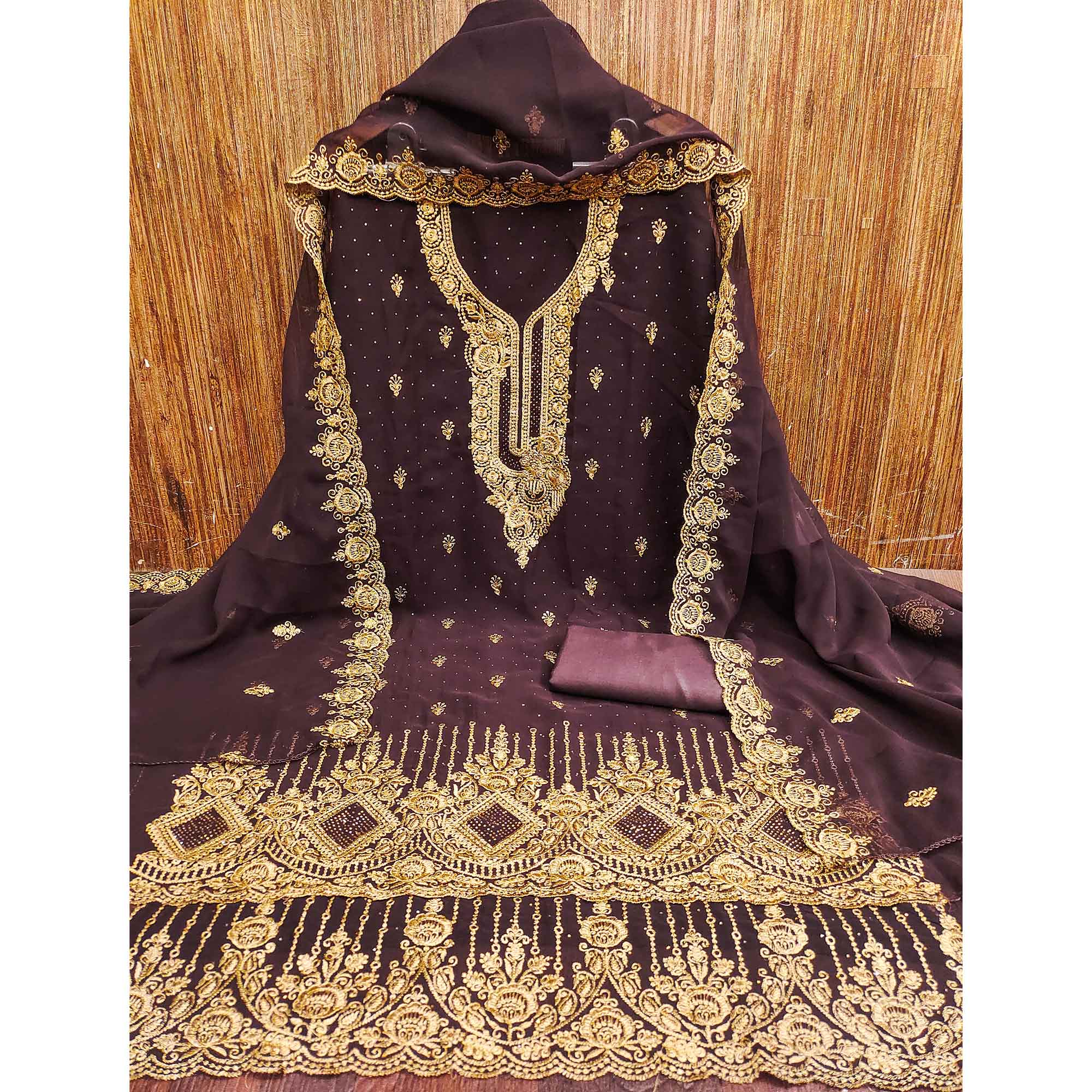 Brown Embroidered With Swarovski Work Georgette Dress Material