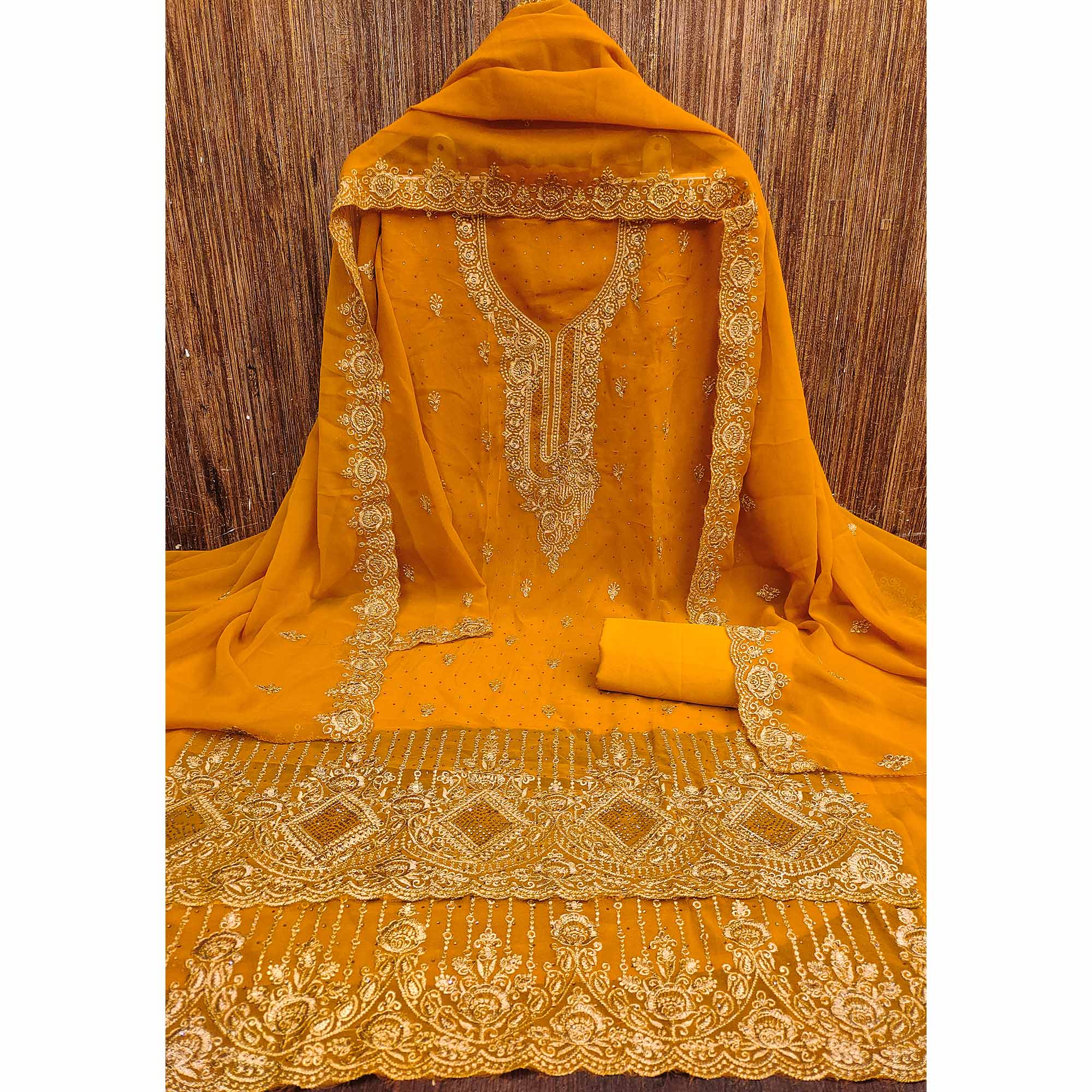 Mustard Embroidered With Swarovski Work Georgette Dress Material