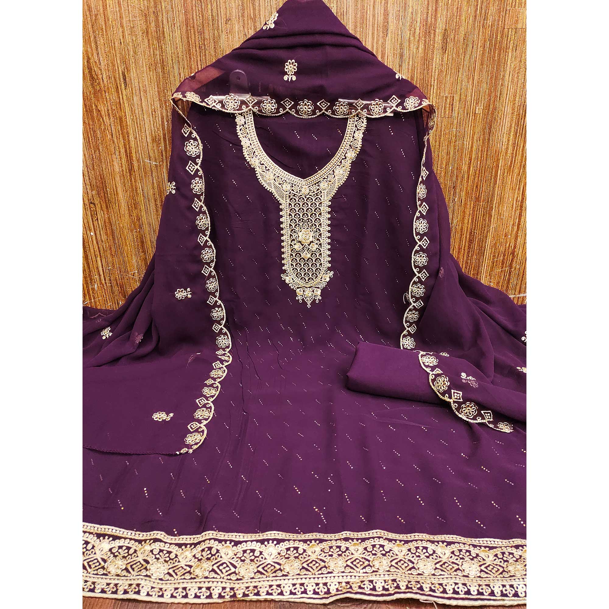 Wine Floral Embroidered With Swarovski Work Georgette Dress Material