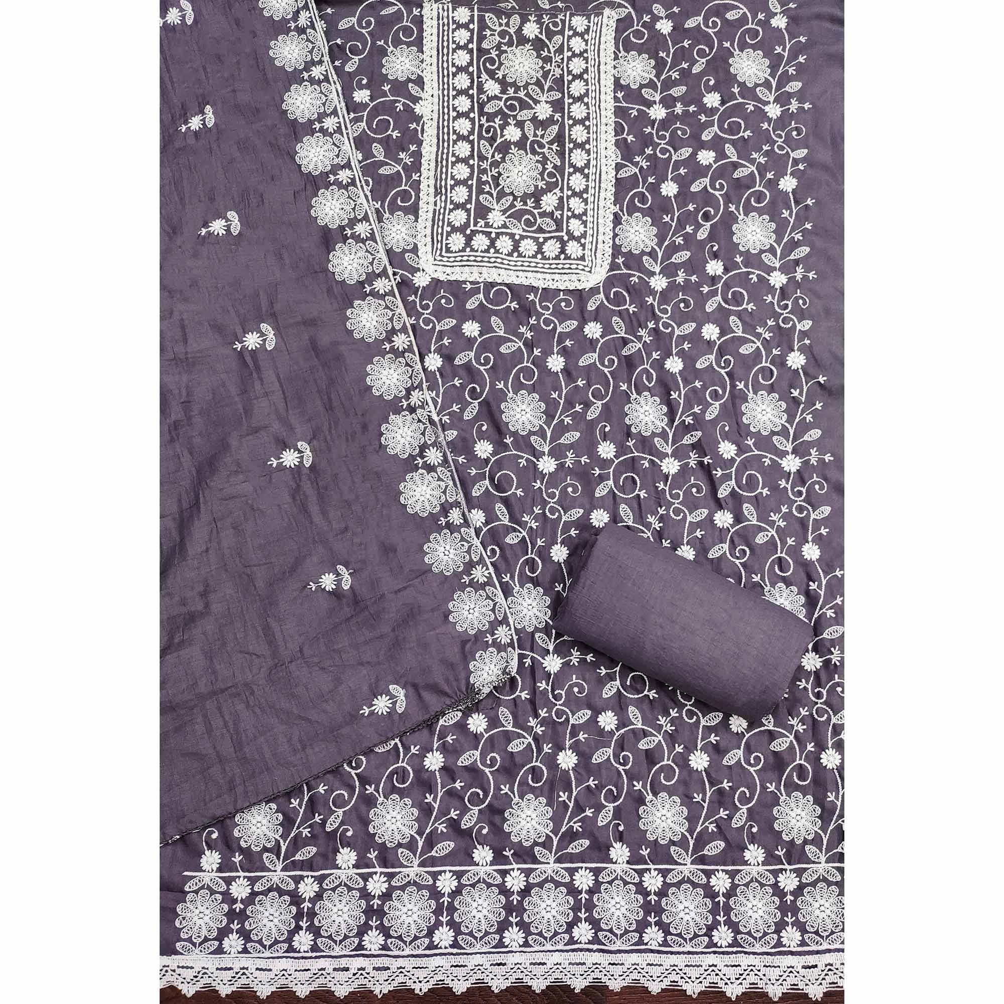 Dark Grey Floral Embroidered Art Silk Dress Material