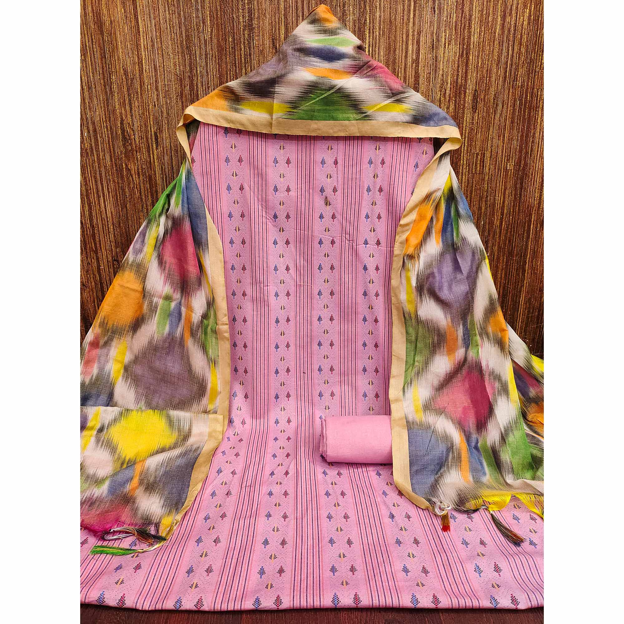 A Mesmerizing Creation Pink Woven Cotton Blend Dress Material