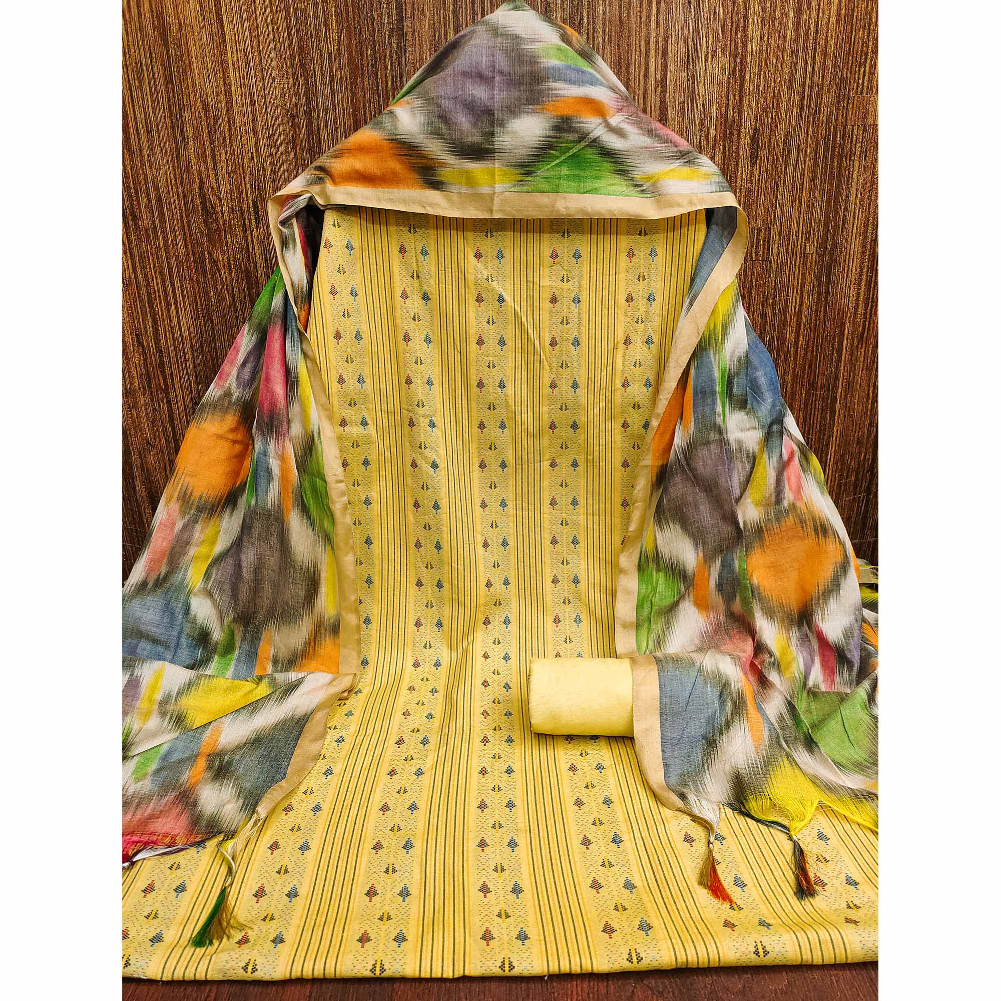 Unleash Your Style With This Yellow Woven Cotton Blend Dress Material