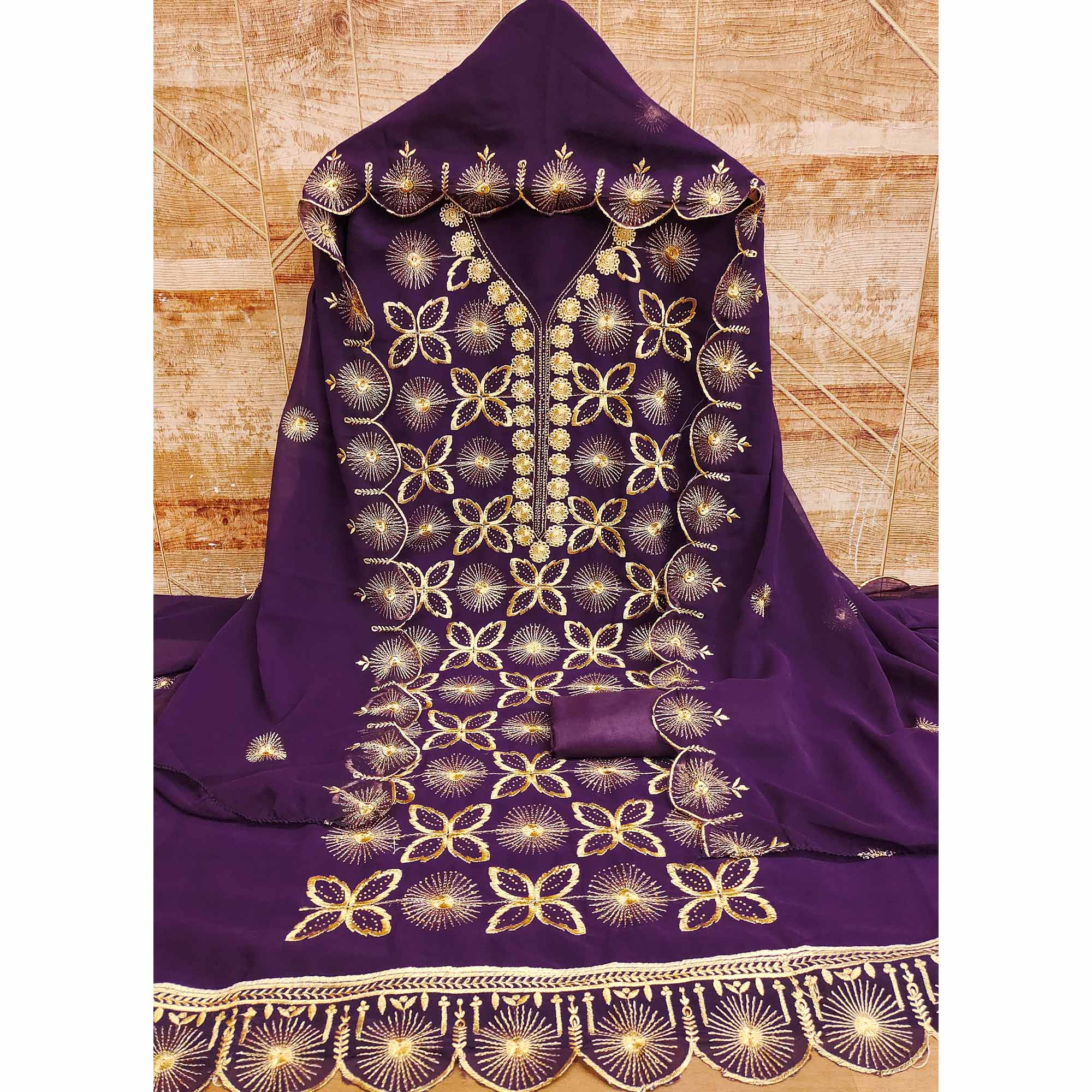 Wine Georgette Dress Material Featuring Delicate Floral Zari Embroidery