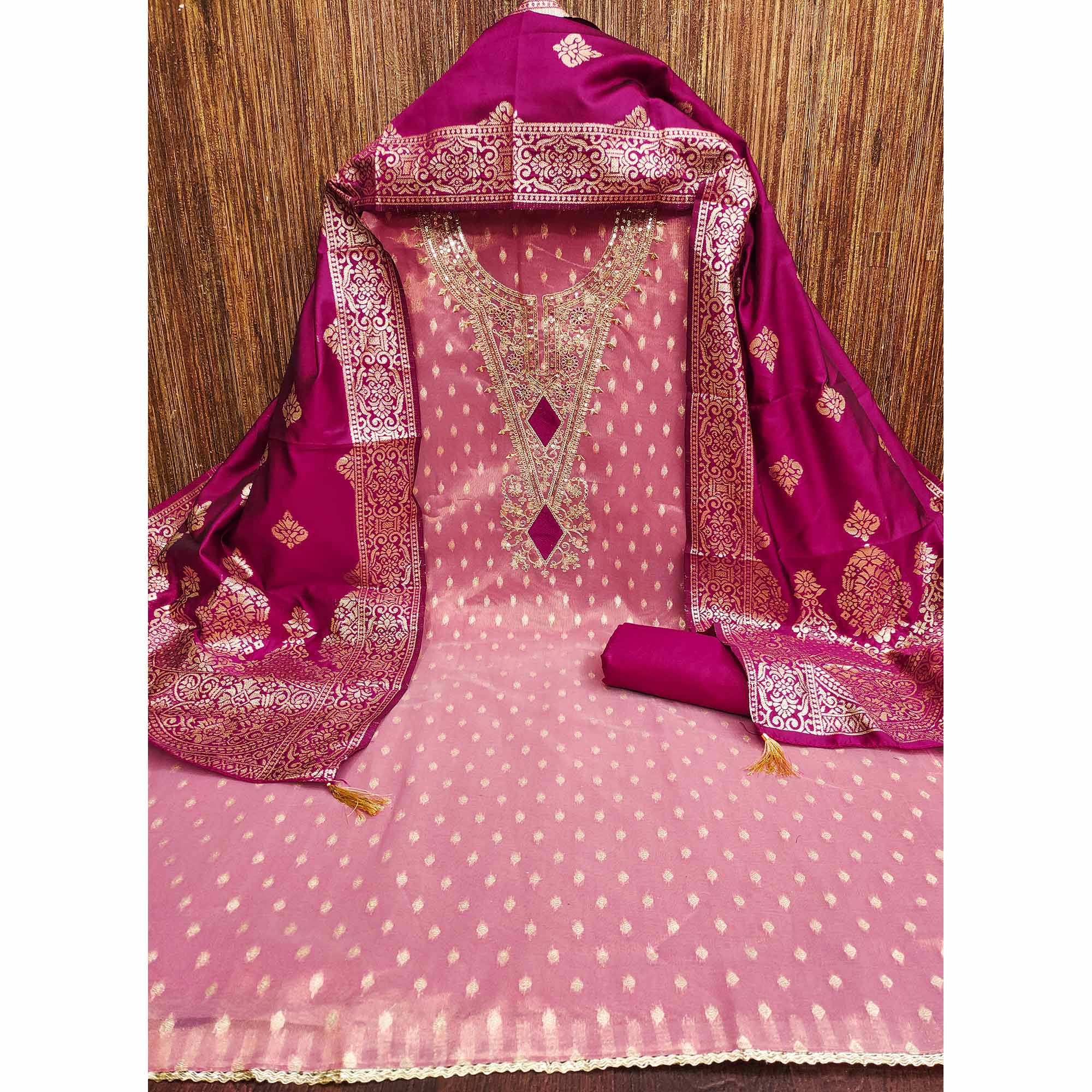 Gajari Pink Woven Banarasi Silk Dress Material With Intricate Cording & Sequin Embellishments
