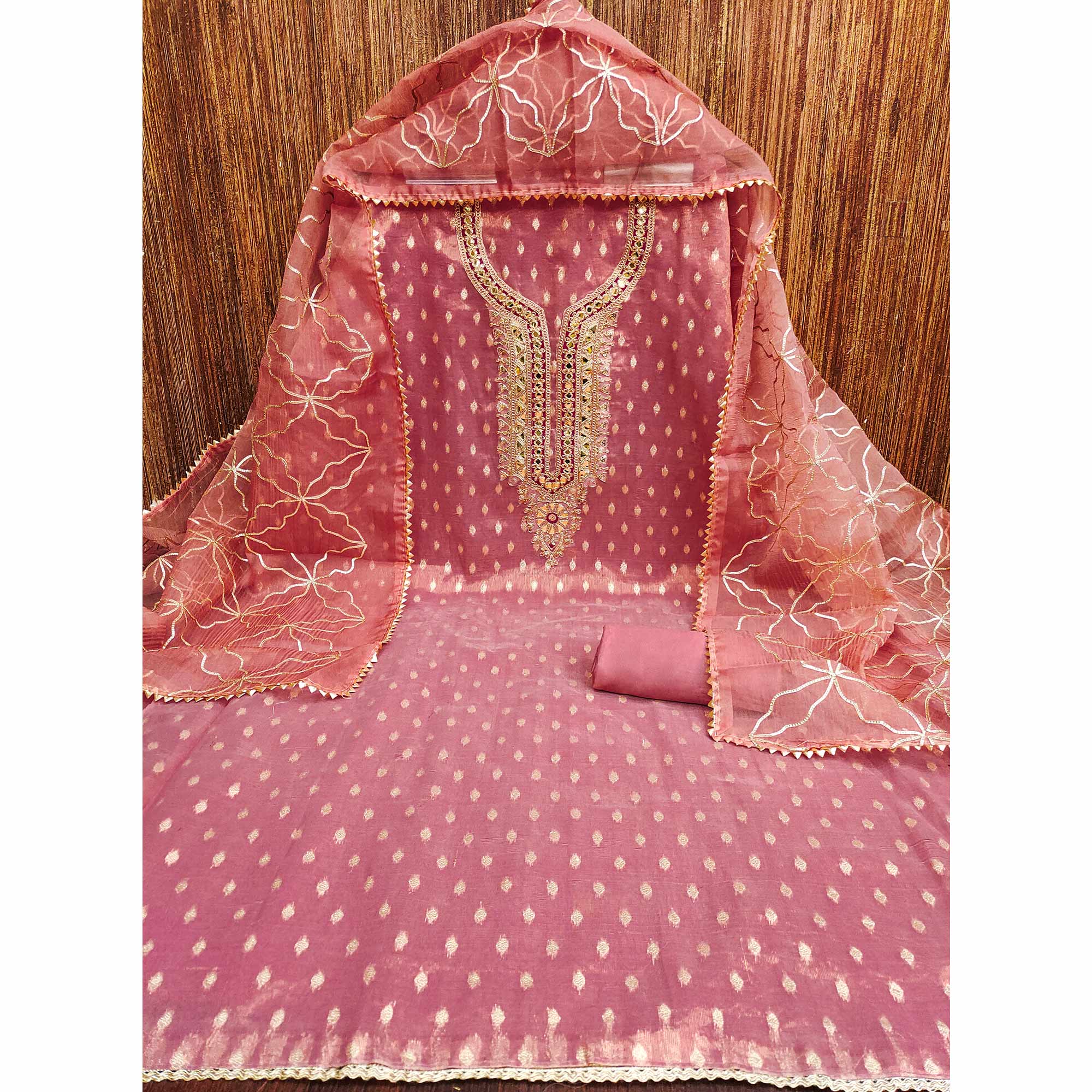 Gajari Pink Woven Shimmer Silk Dress Material Adorned With Sequins & Gota Patti Work