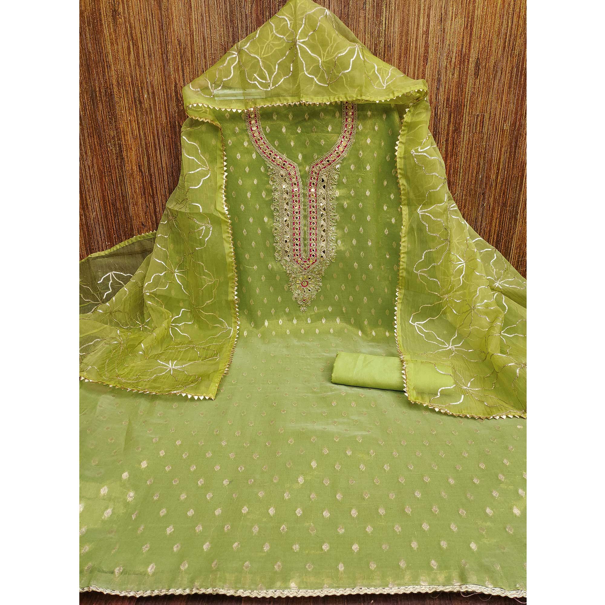 Green Woven Shimmer Silk Dress Material Adorned With Sequins & Gota Patti Work