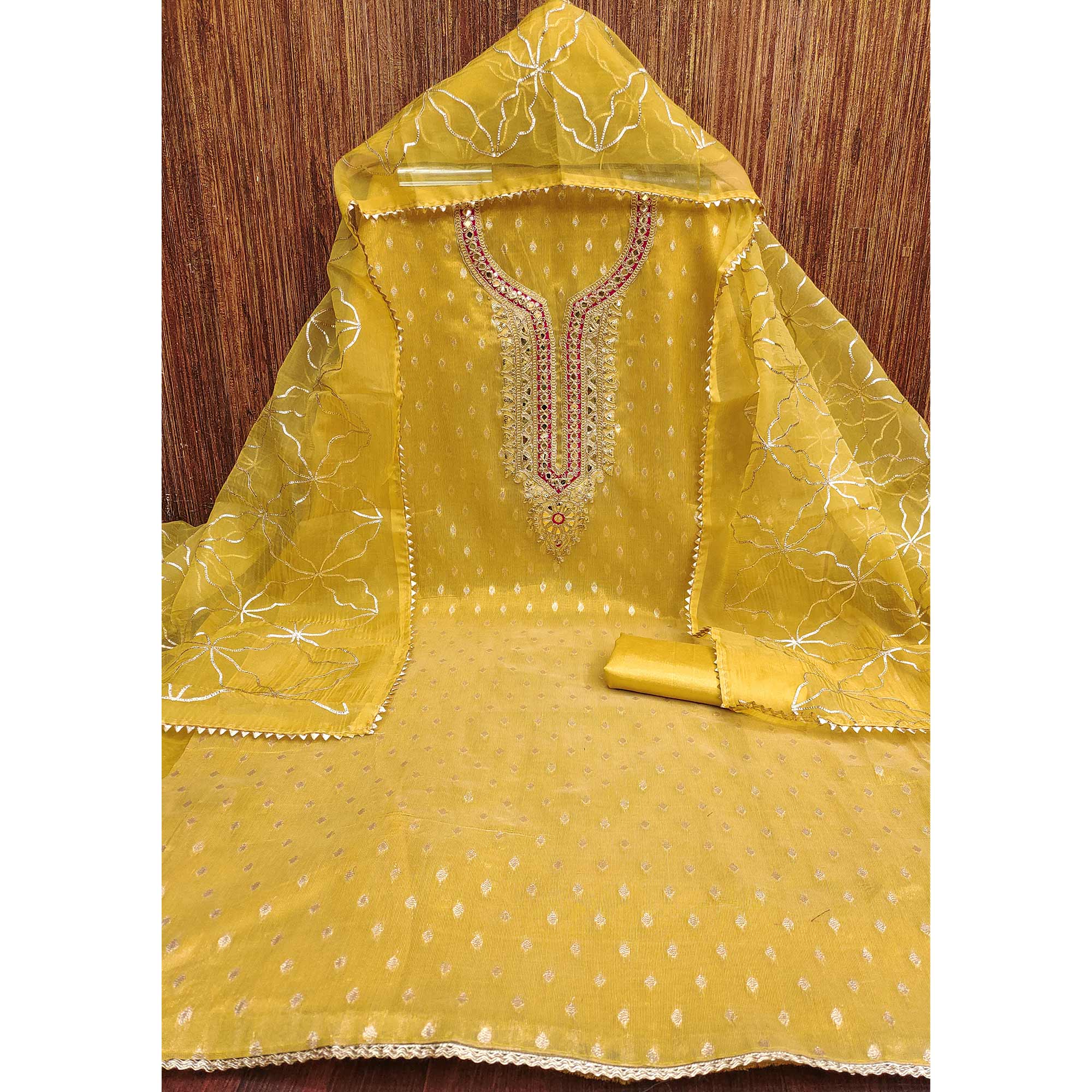 Yellow Woven Shimmer Silk Dress Material Adorned With Sequins & Gota Patti Work