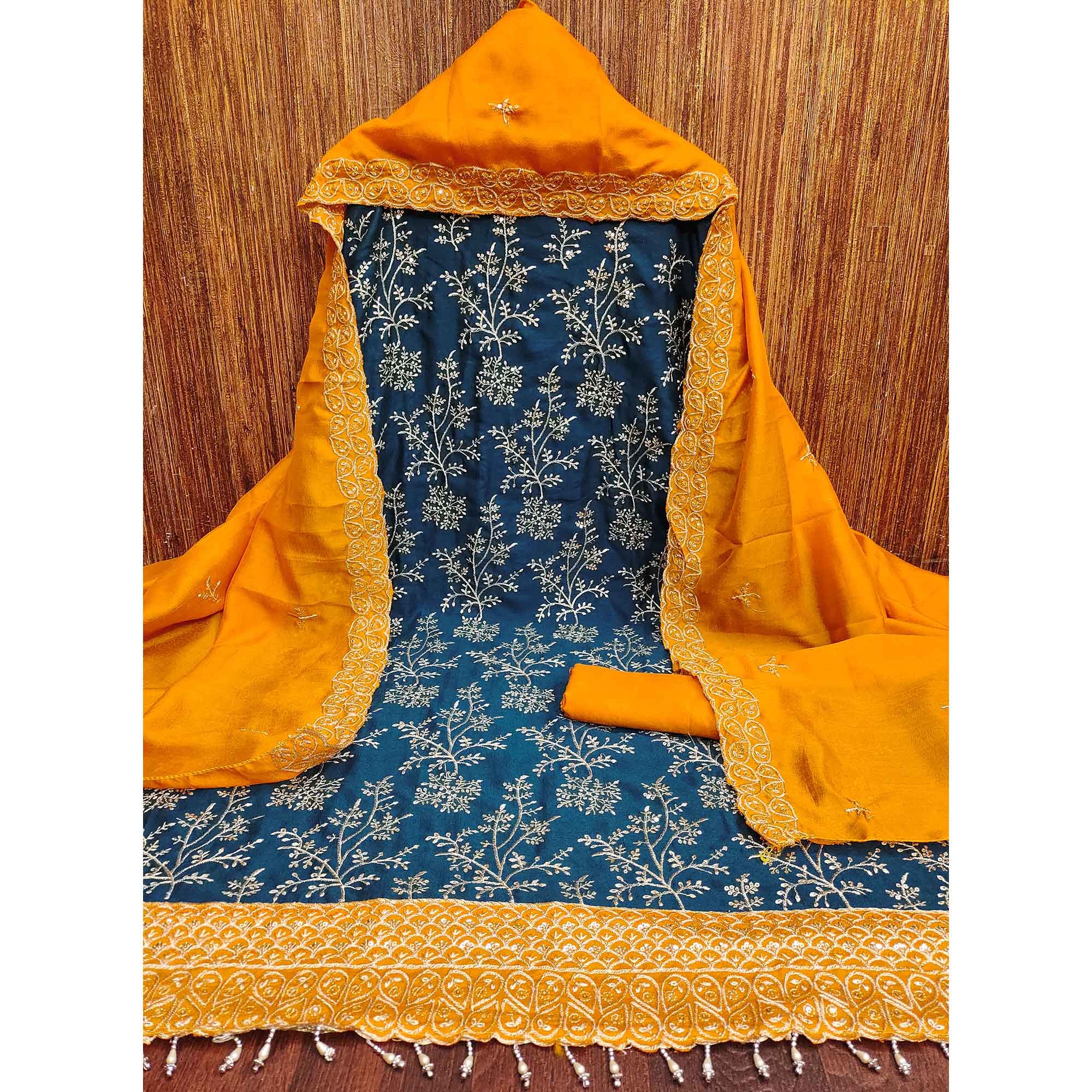 Blue Vichitra Silk Dress Material With Exquisite Sequins & Zari Embroidery