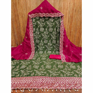 Mehendi Green Vichitra Silk Dress Material With Exquisite Sequins & Zari Embroidery