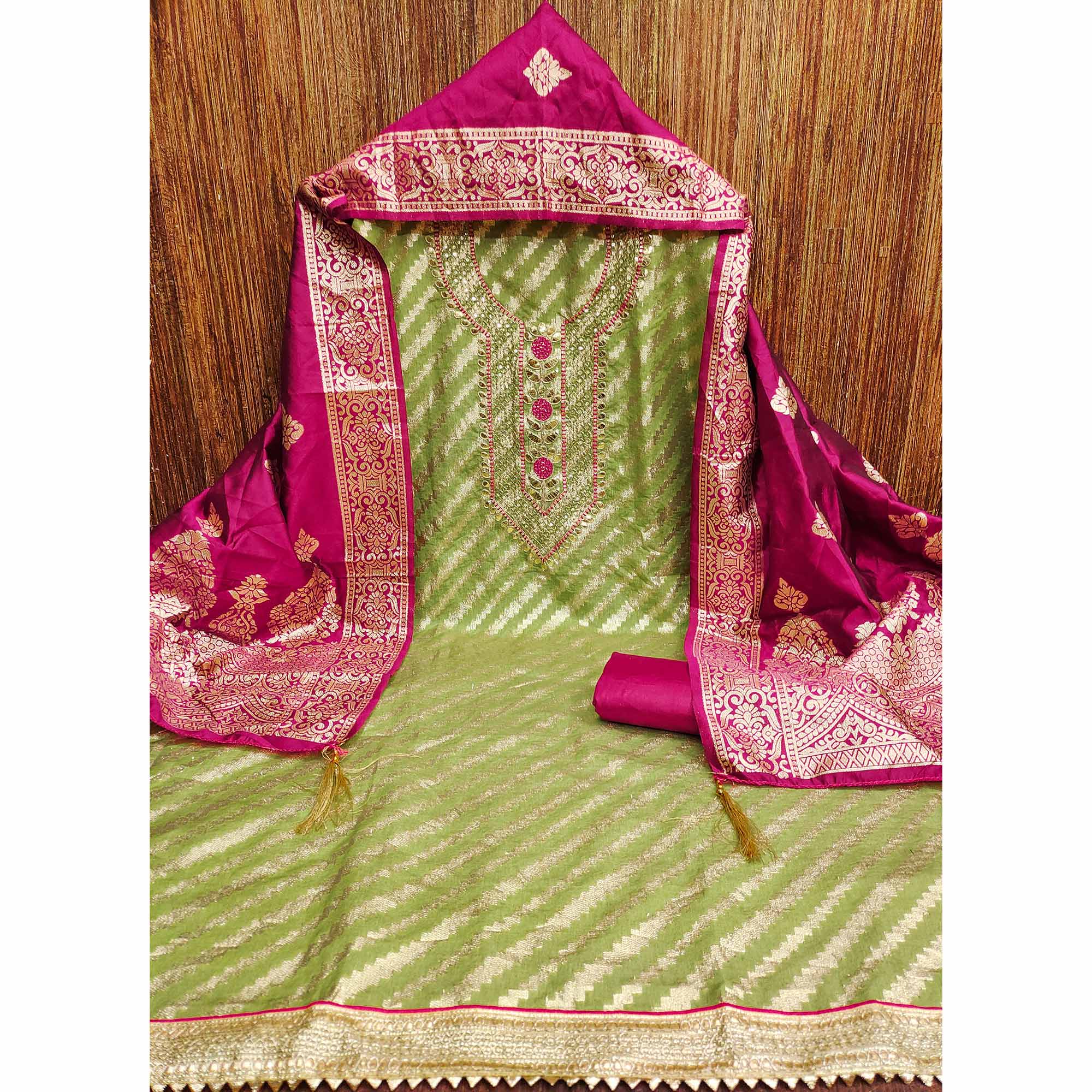 Green Woven With Sequins Embroidery & Gota Patti Work Banarasi Silk Dress Material