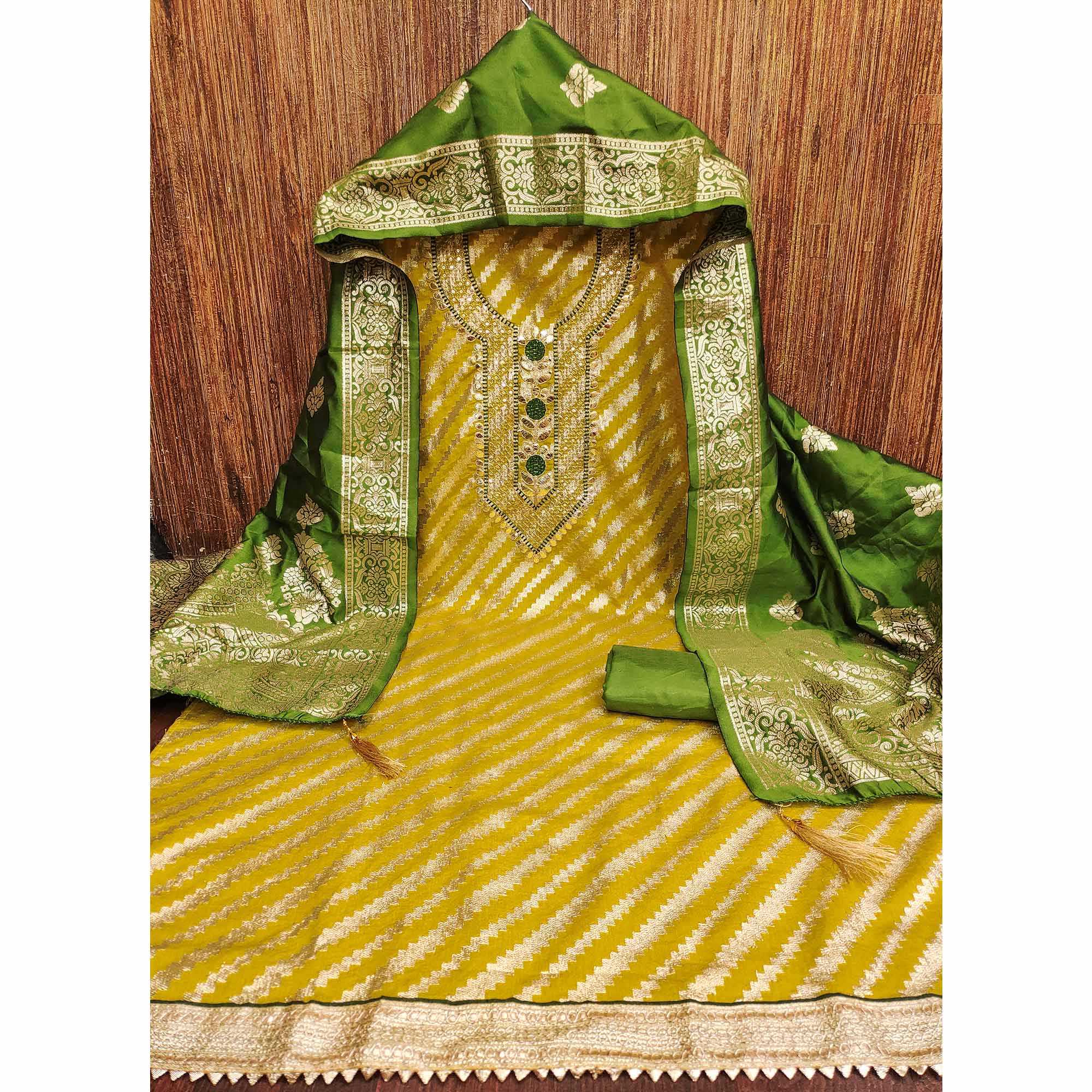 Mustard Woven With Sequins Embroidery & Gota Patti Work Banarasi Silk Dress Material