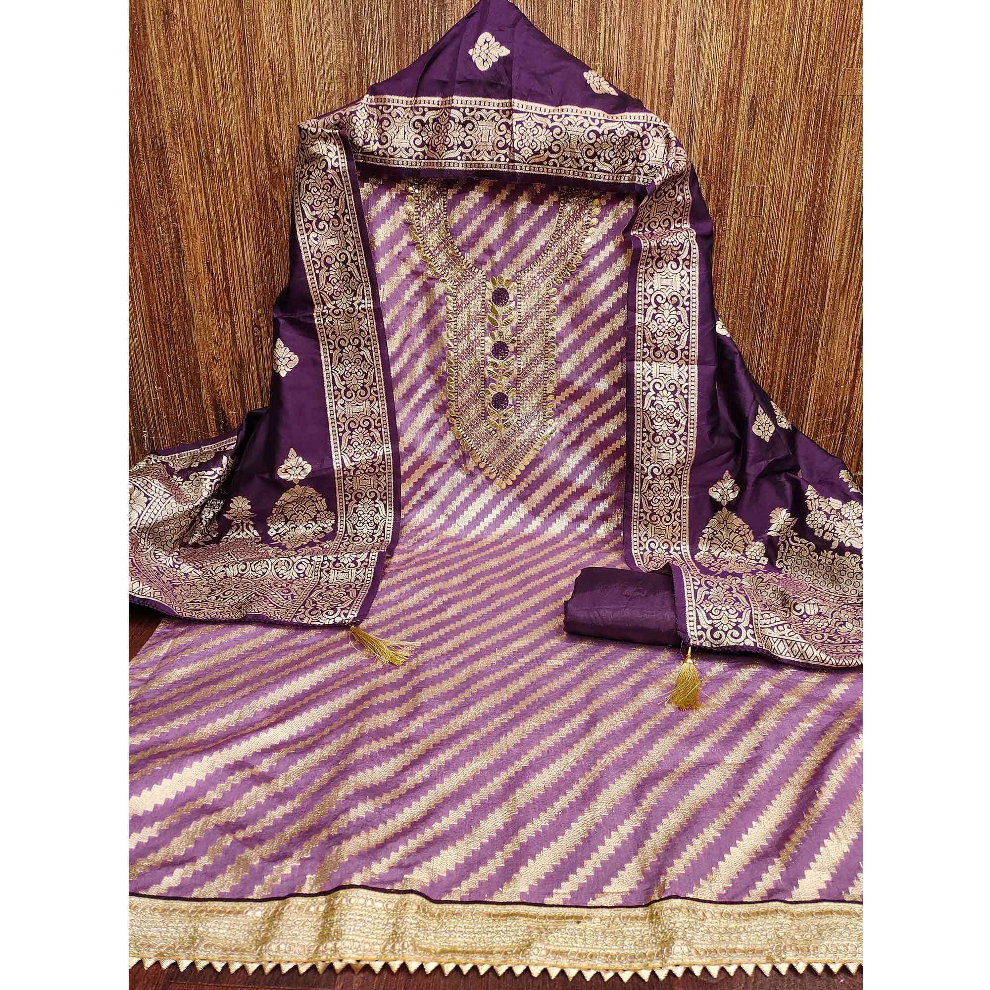 Purple Woven With Sequins Embroidery & Gota Patti Work Banarasi Silk Dress Material