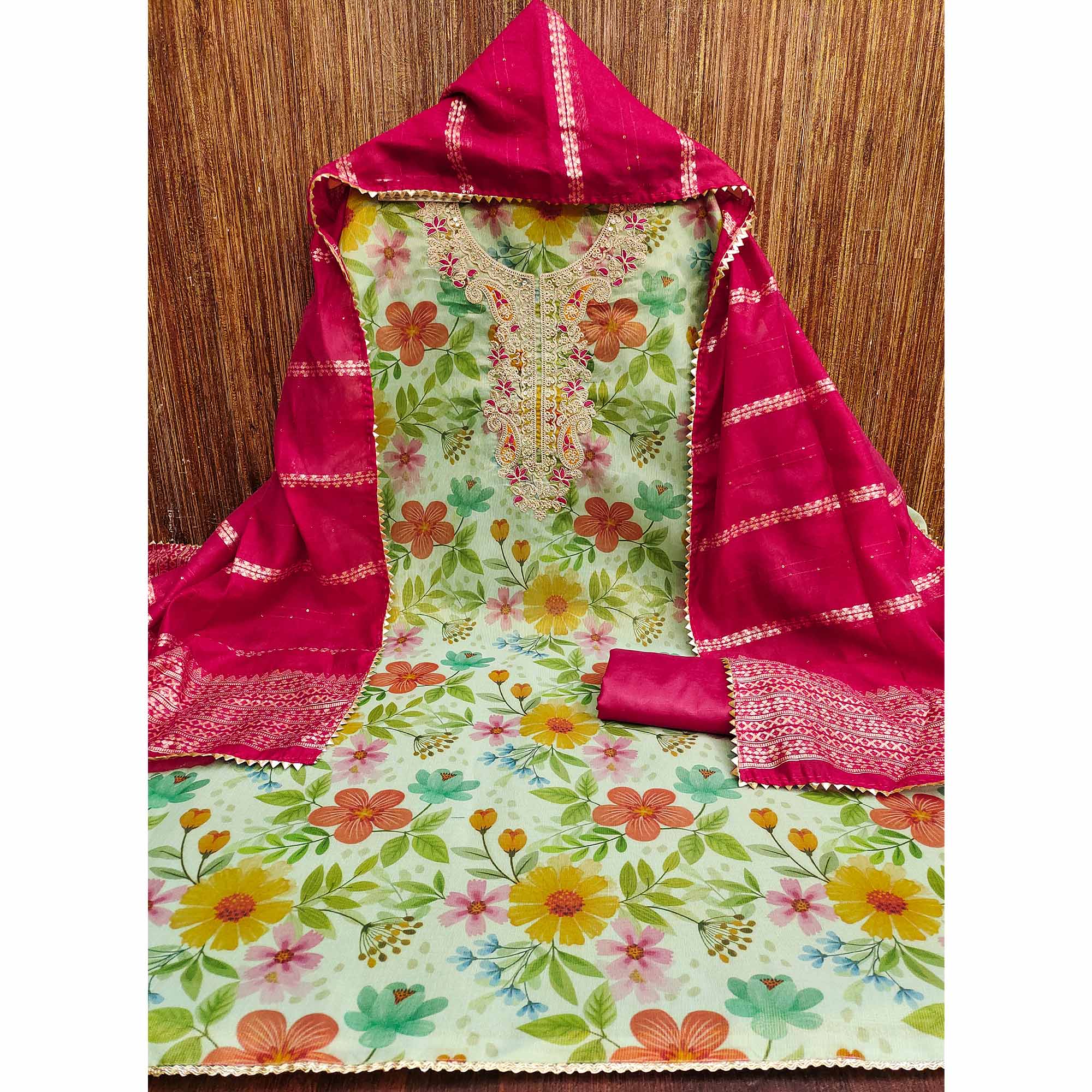 Green Shimmer Silk Dress Material With Floral Digital Print & Sequins Embroidery