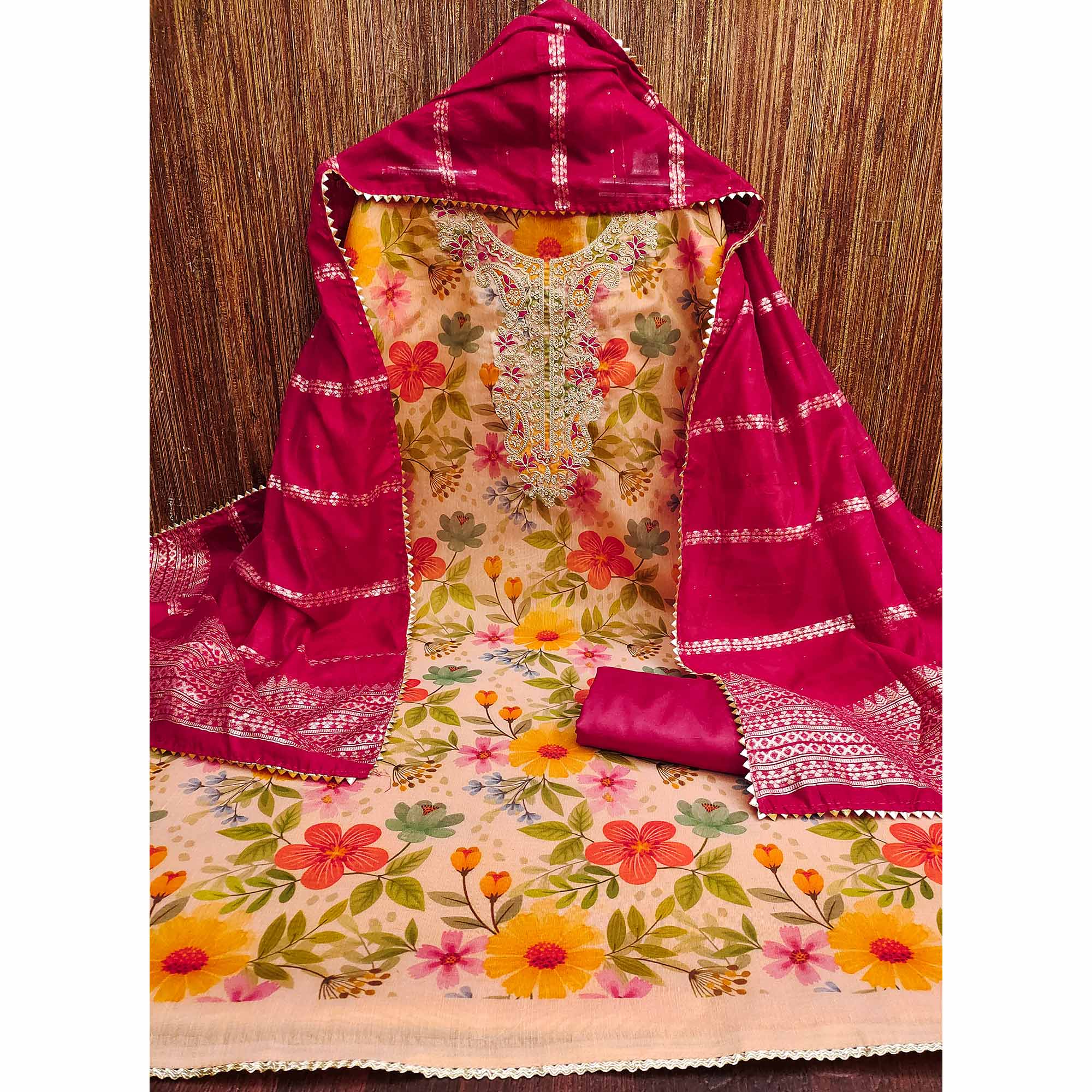 Light Orange Shimmer Silk Dress Material With Floral Digital Print & Sequins Embroidery