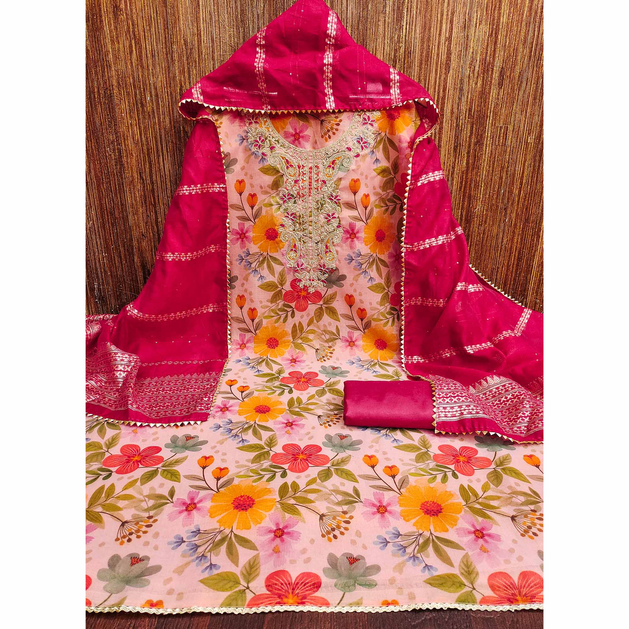 Pink Shimmer Silk Dress Material With Floral Digital Print & Sequins Embroidery