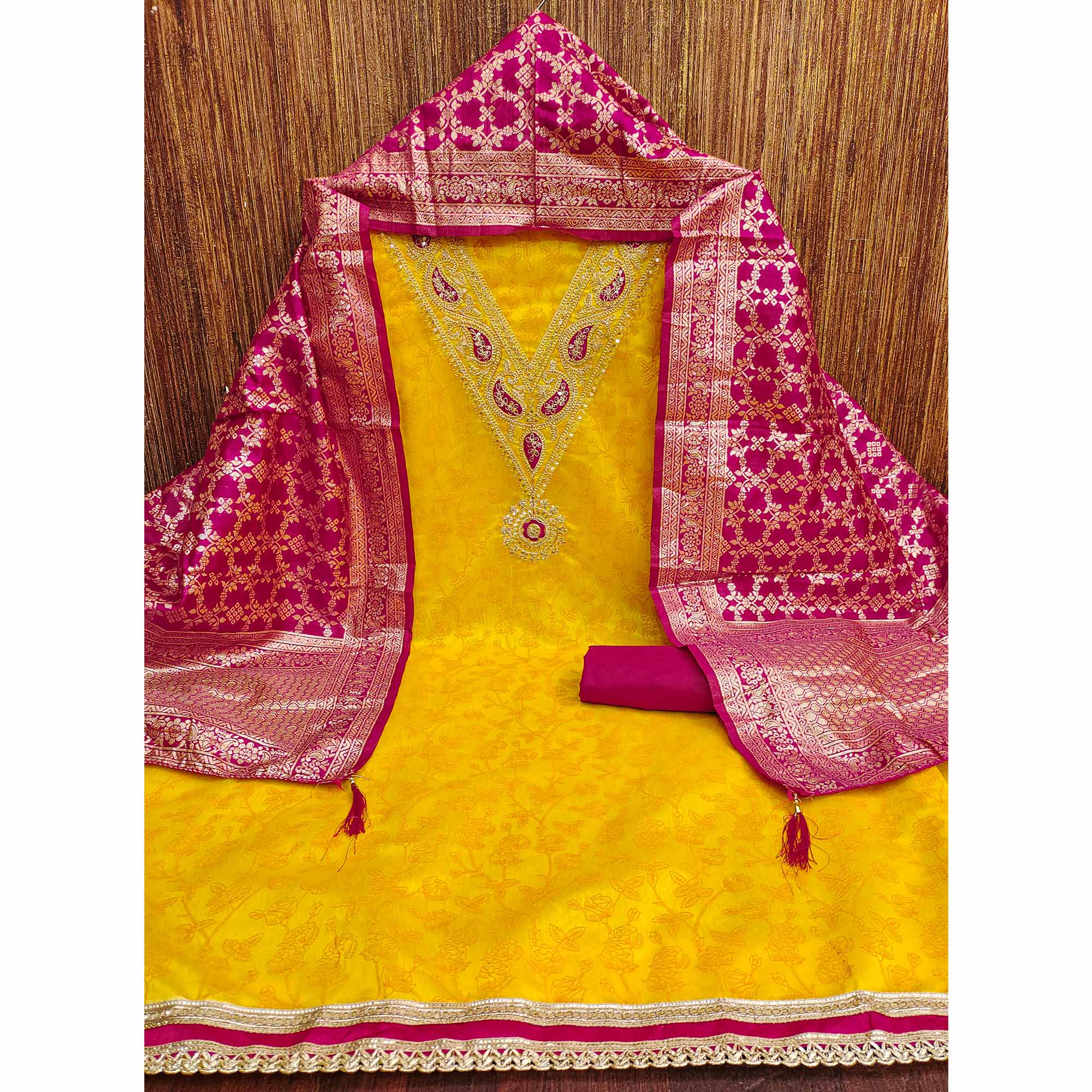 Yellow Floral Printed With Cording Sequins Embroidery Chanderi Silk Dress Material