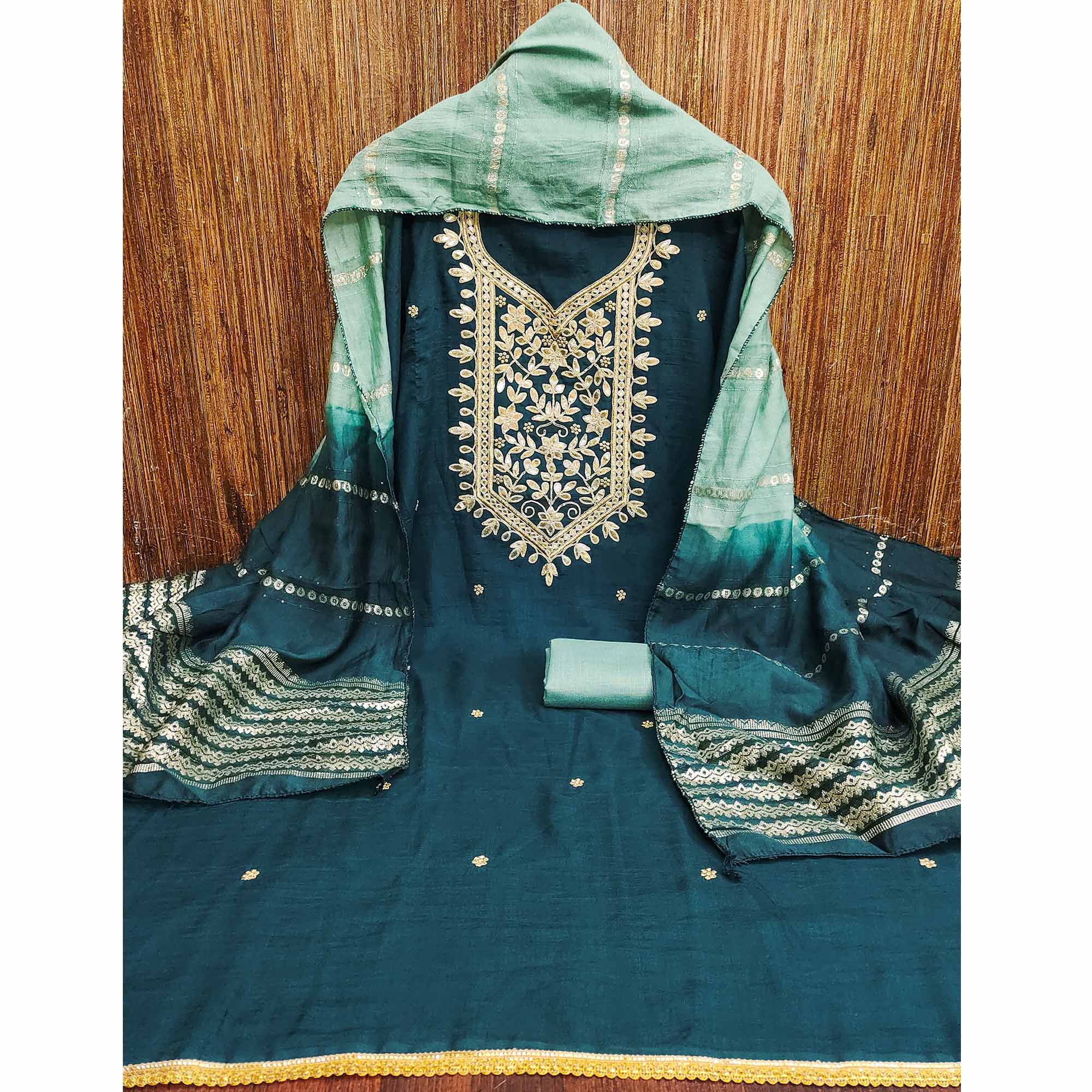 Morpich Blue Vichitra Silk Dress Material With Exquisite Floral Embroidery & Gota Patti Accents