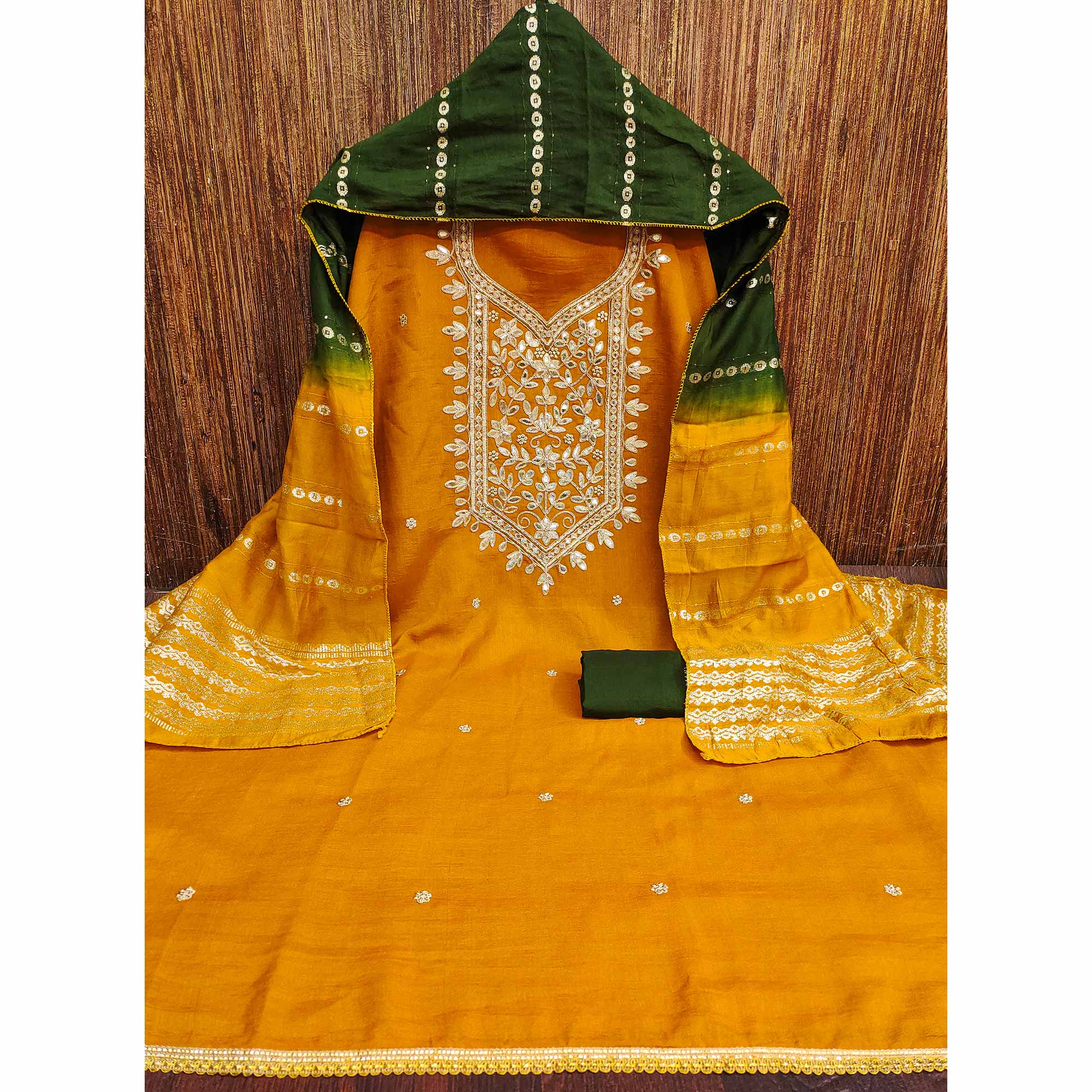 Mustard Vichitra Silk Dress Material With Exquisite Floral Embroidery & Gota Patti Accents