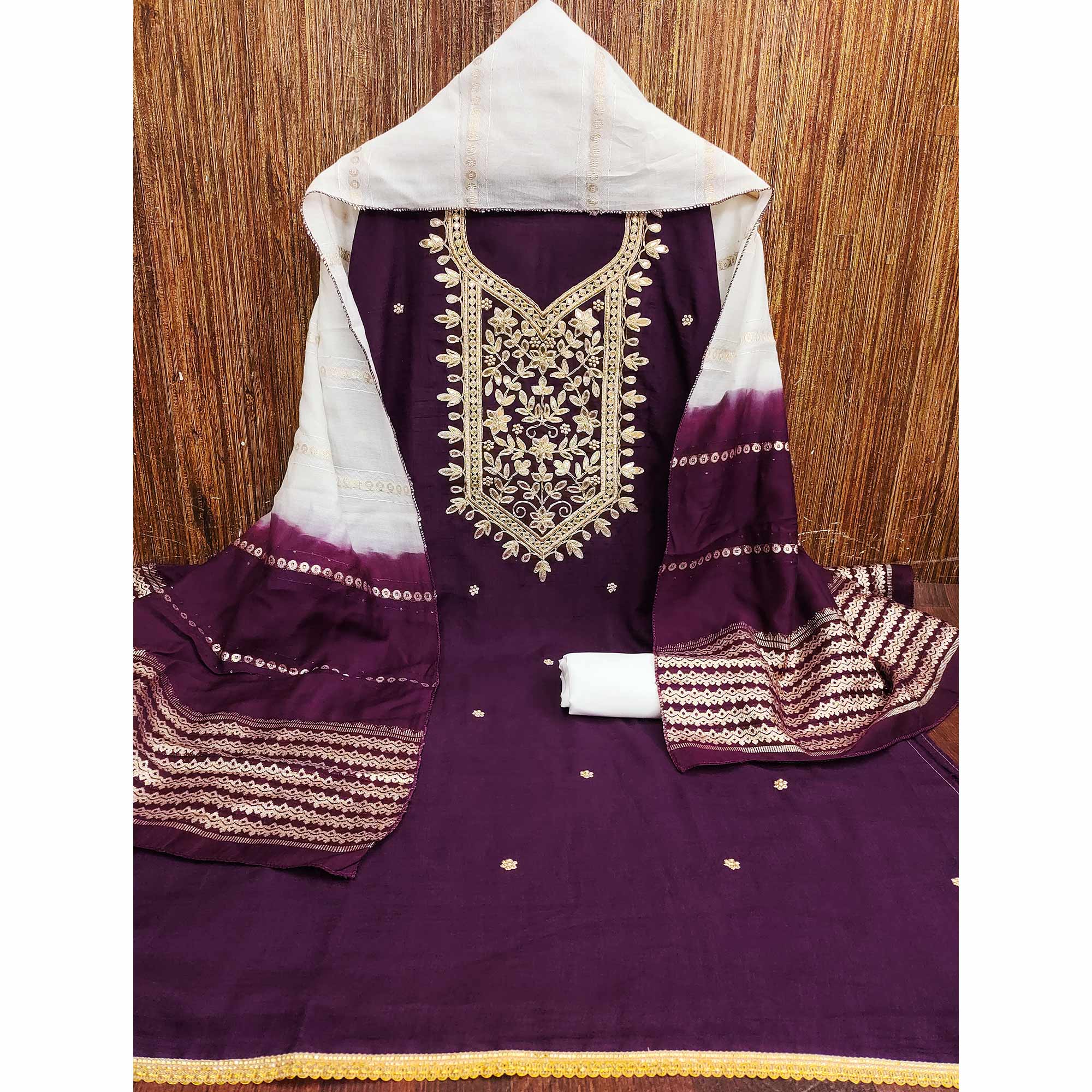 Wine Vichitra Silk Dress Material With Exquisite Floral Embroidery & Gota Patti Accents