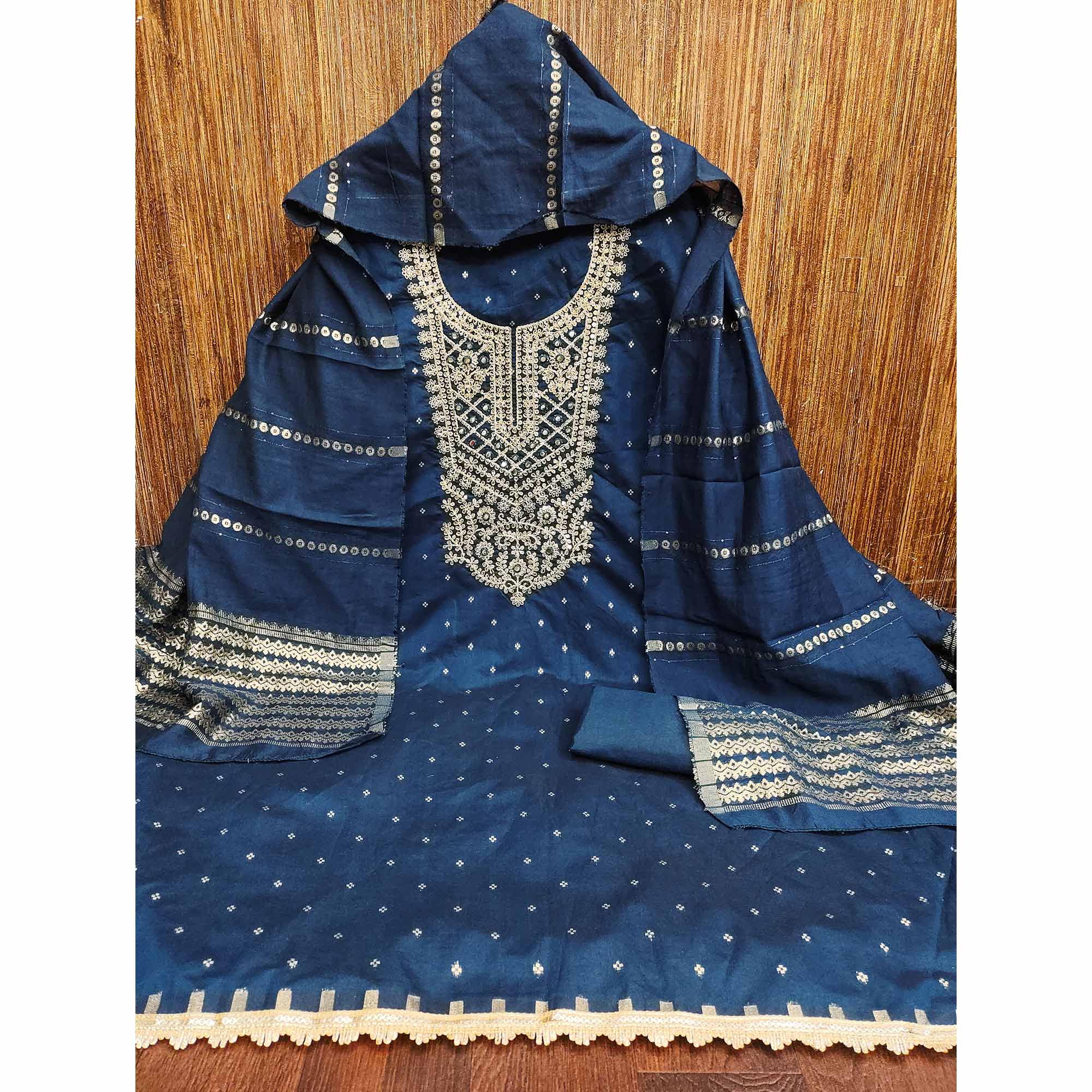 Blue Chanderi Silk Dress Material With Intricate Floral Sequins Embroidery & Butti Work