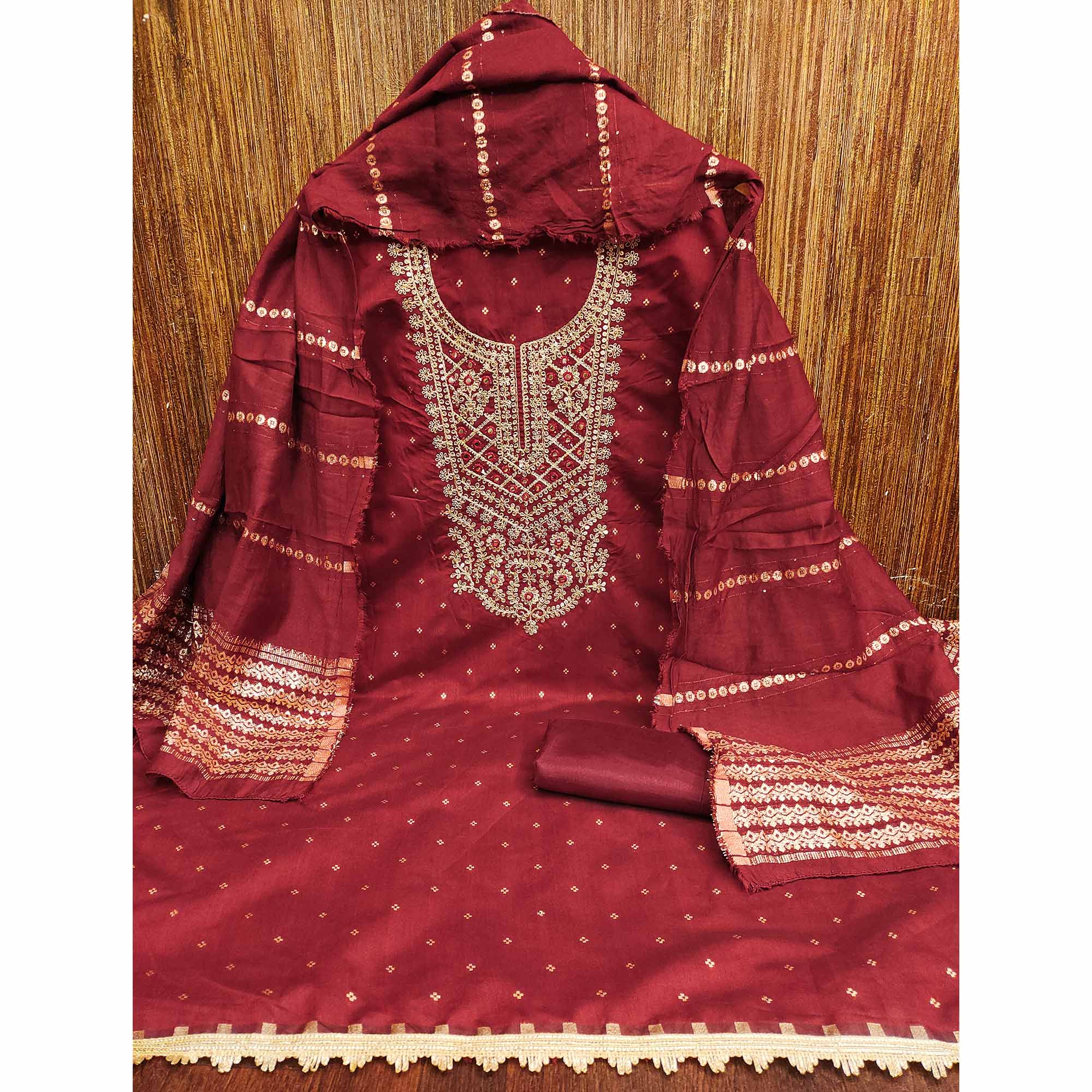 Maroon Chanderi Silk Dress Material With Intricate Floral Sequins Embroidery & Butti Work