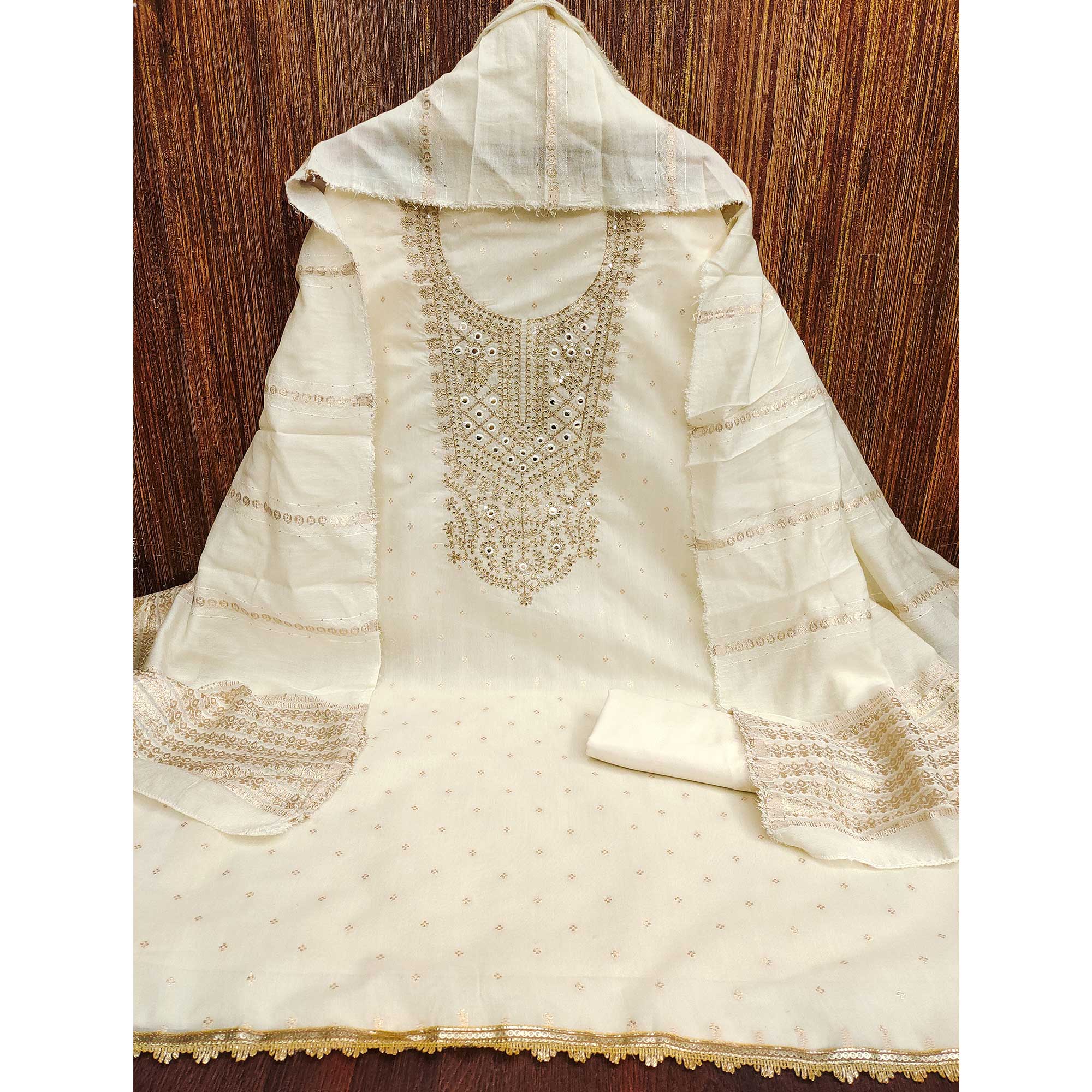 Offwhite Chanderi Silk Dress Material With Intricate Floral Sequins Embroidery & Butti Work