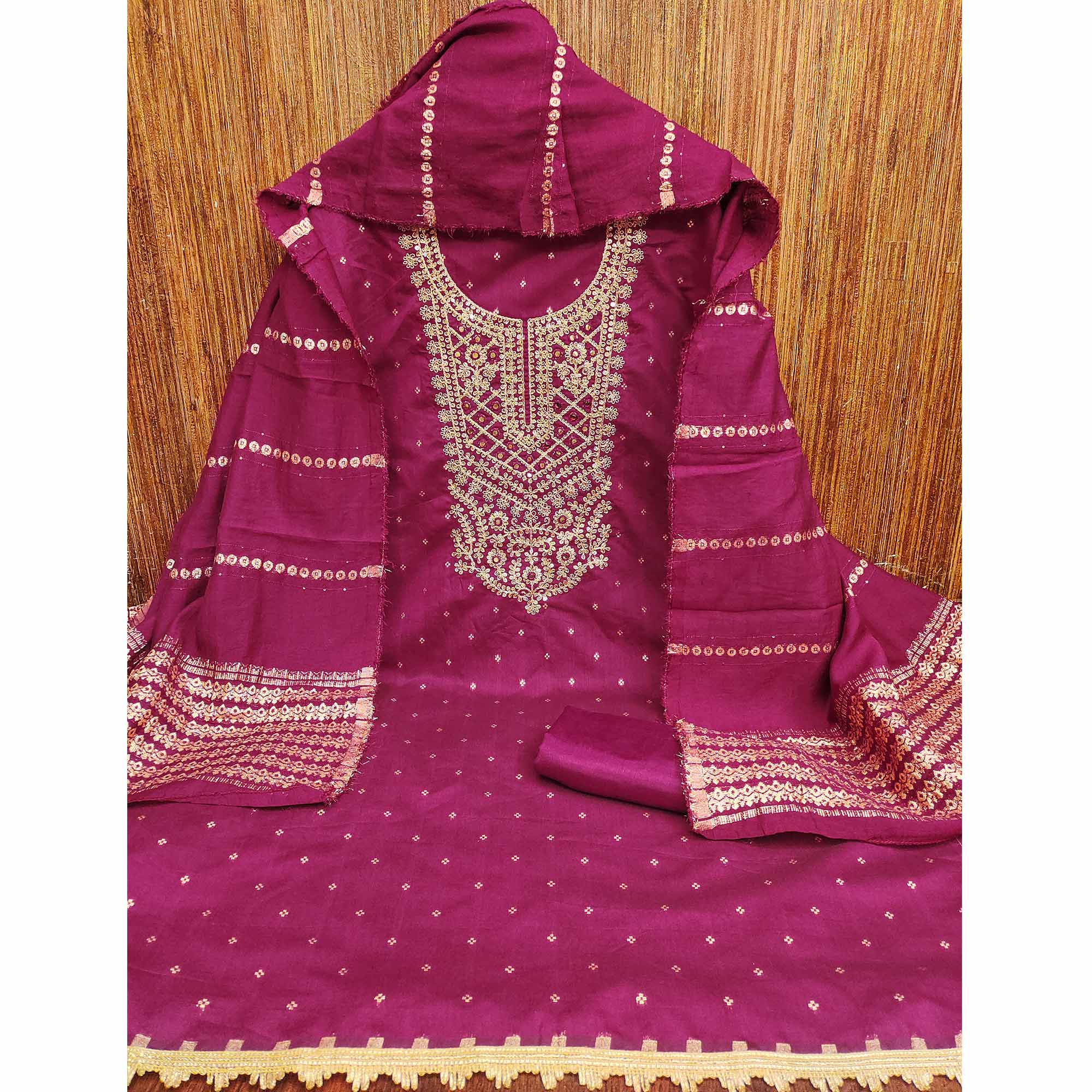 Rani Pink Chanderi Silk Dress Material With Intricate Floral Sequins Embroidery & Butti Work