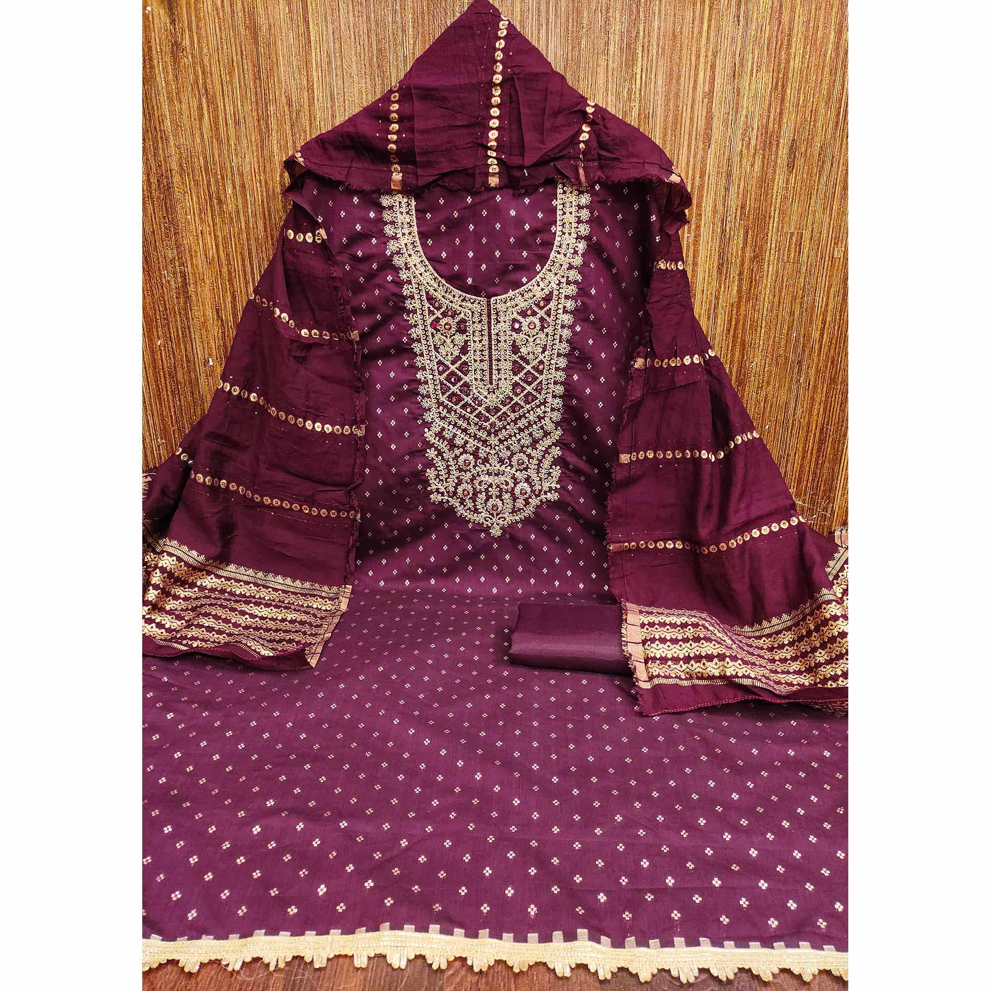 Wine Chanderi Silk Dress Material With Intricate Floral Sequins Embroidery & Butti Work