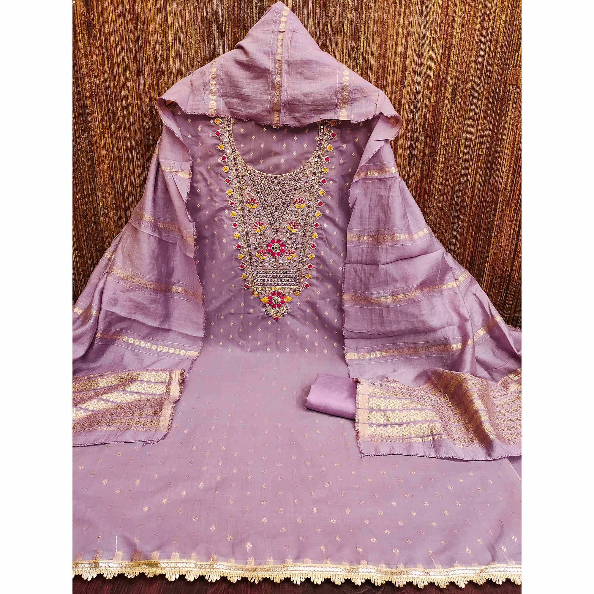 Lavender Chanderi Silk Dress Material With Delicate Floral Sequins Embroidery & Butti Work