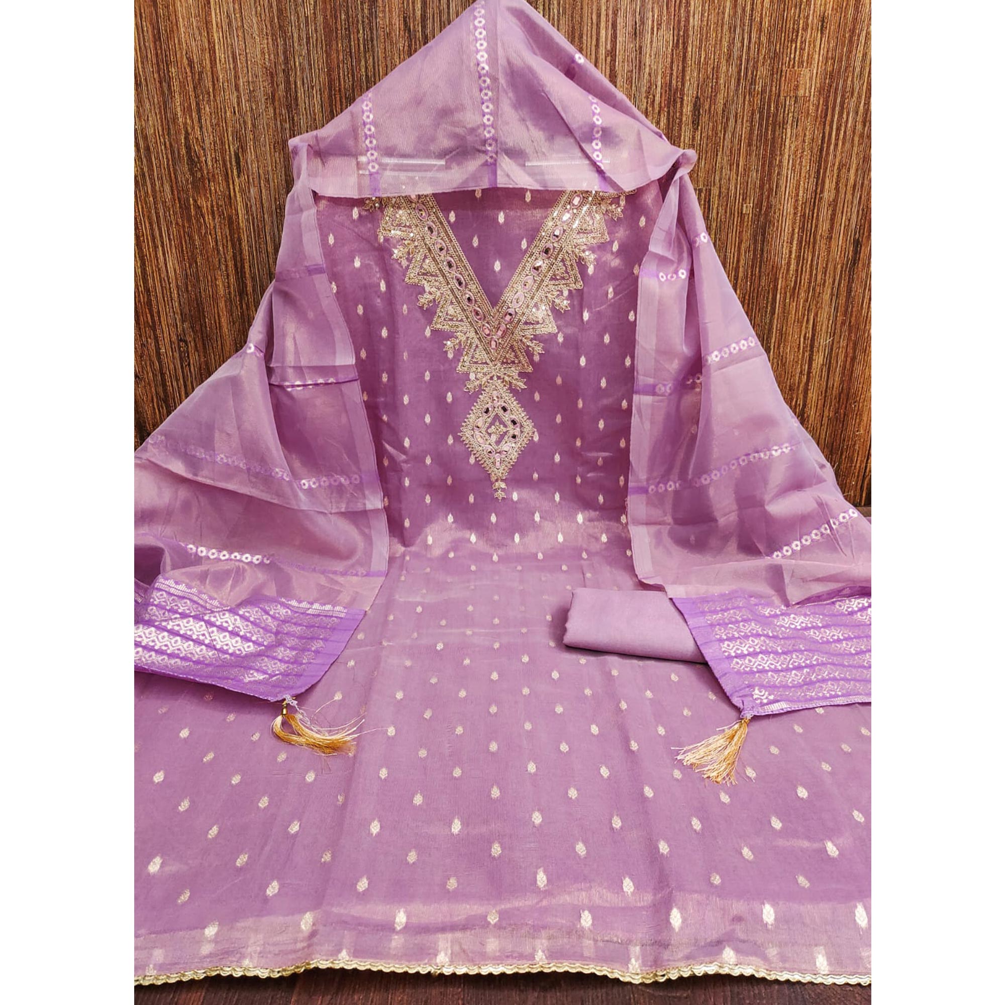 Lavender Jacquard Dress Material with Zari Weaving and Sequin Accents