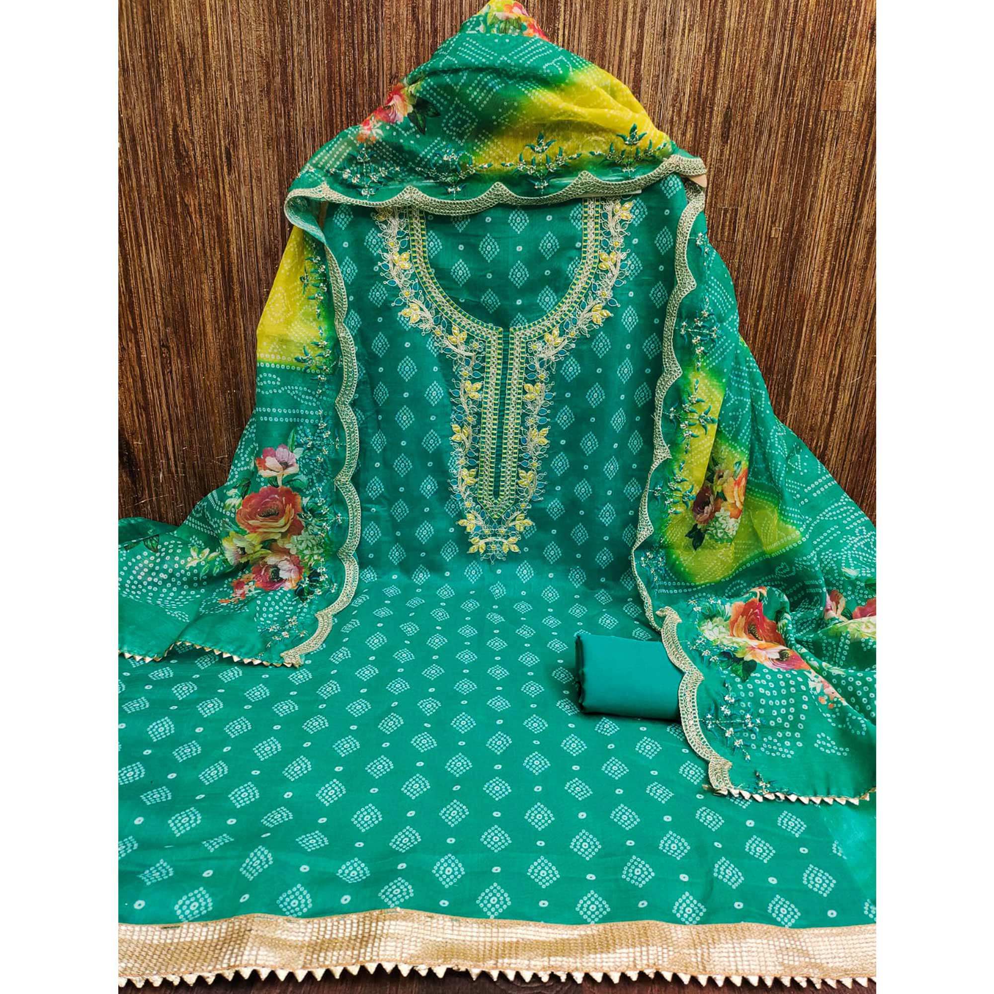 Rama Green Bandhani Printed Chanderi Silk Dress Material With Sequin & Cording Embroidery