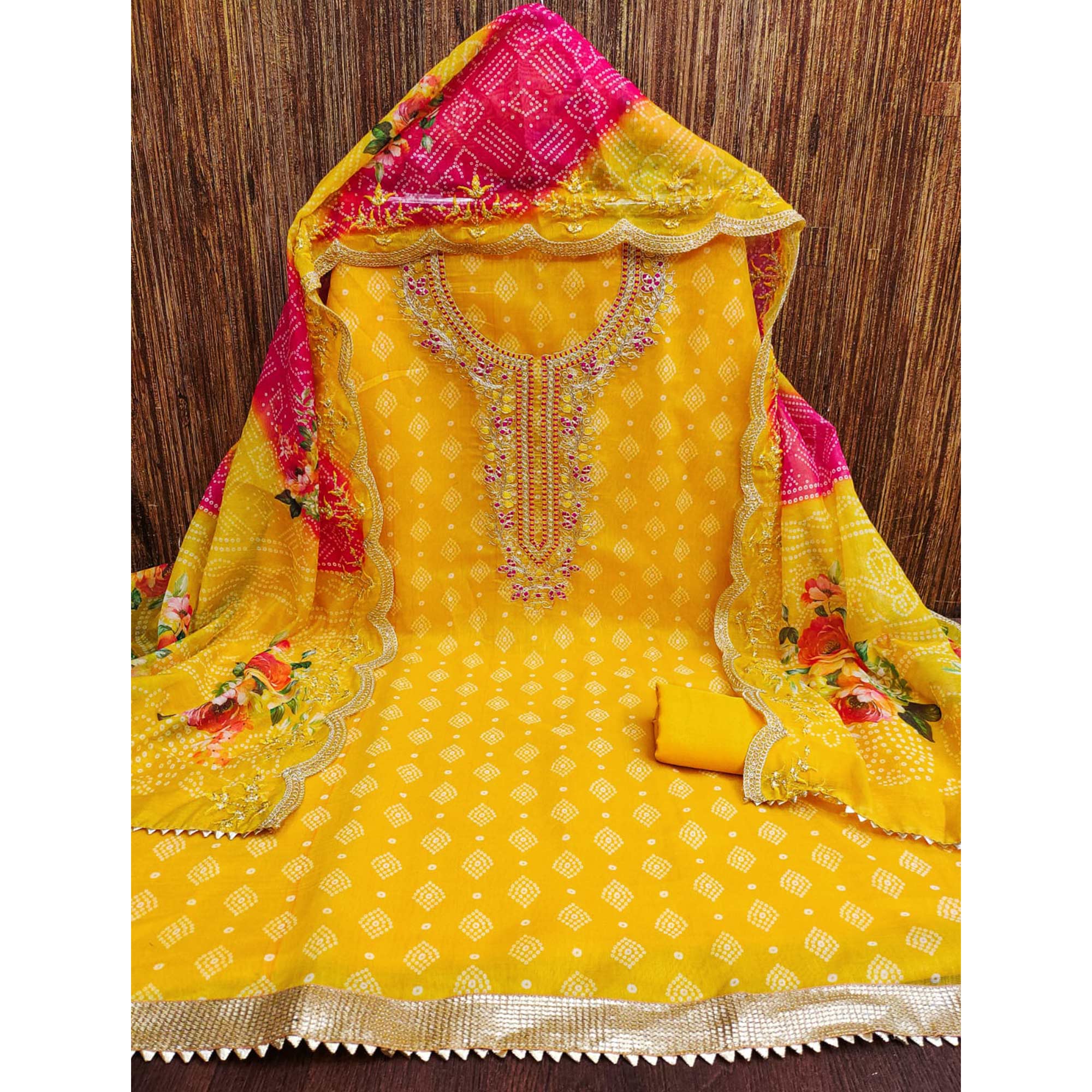 Yellow Bandhani Printed Chanderi Silk Dress Material With Sequin & Cording Embroidery
