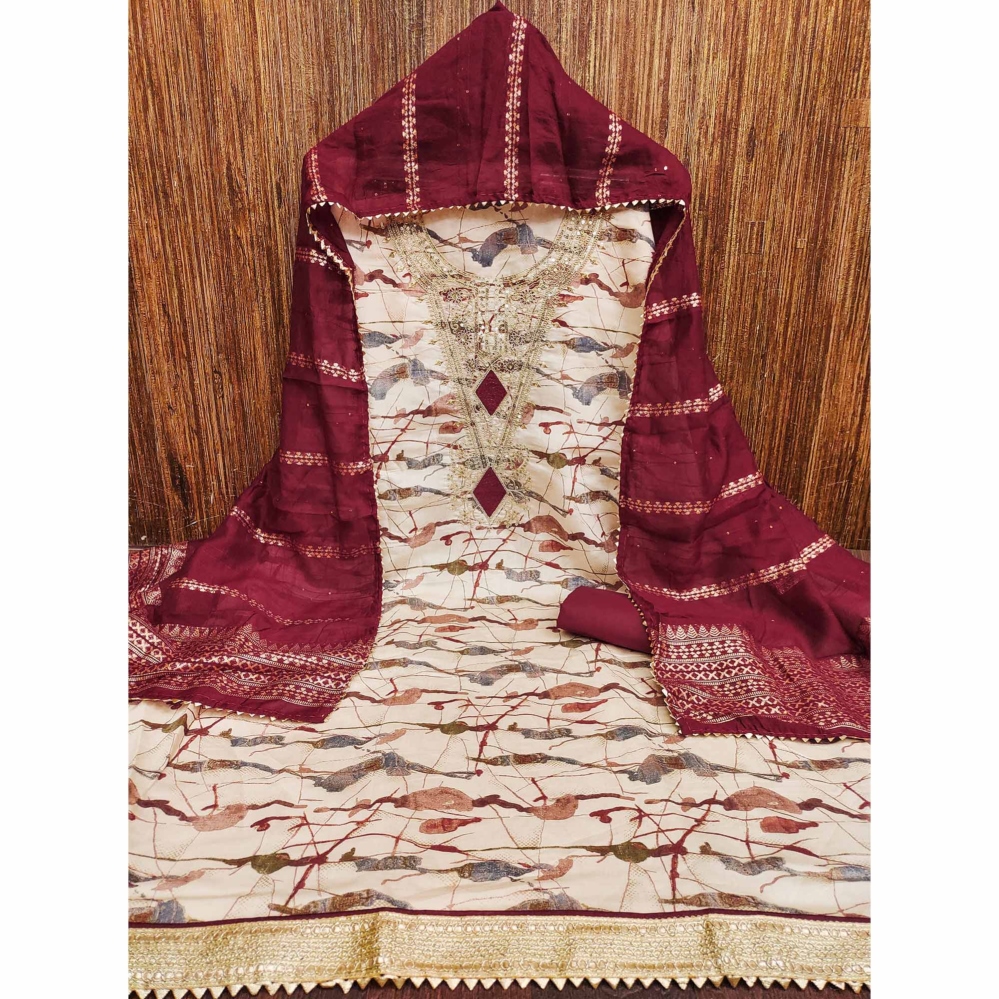 Cream Printed Dress Material With Sequins & Cording Work In Chanderi Roman Silk