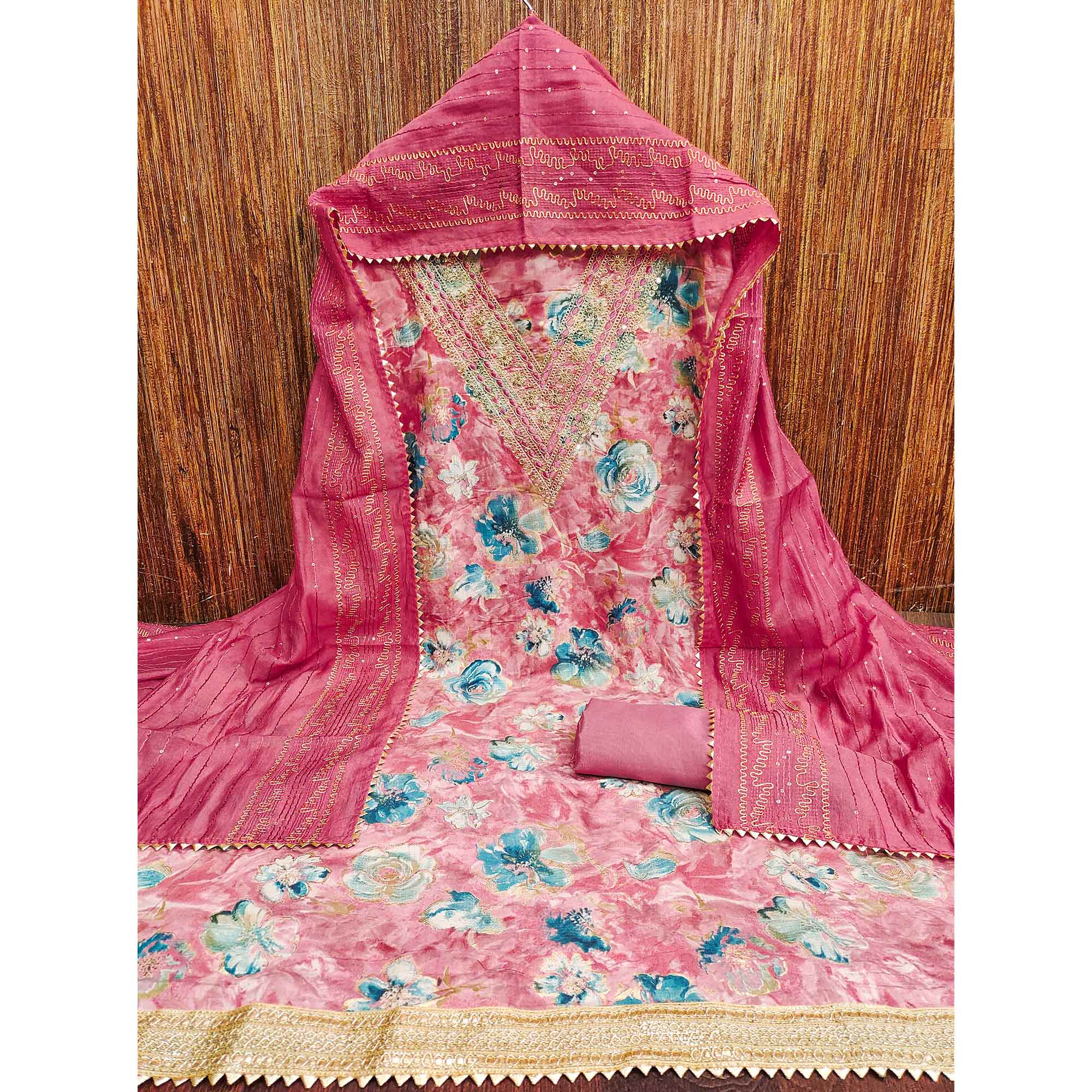 Pink Printed Dress Material With Sequins & Cording Work In Chanderi Roman Silk