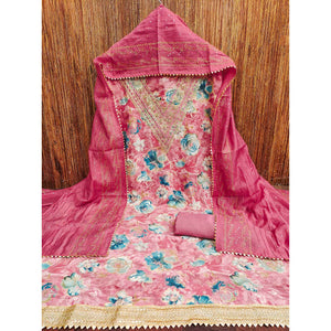 Pink Printed Dress Material With Sequins & Cording Work In Chanderi Roman Silk
