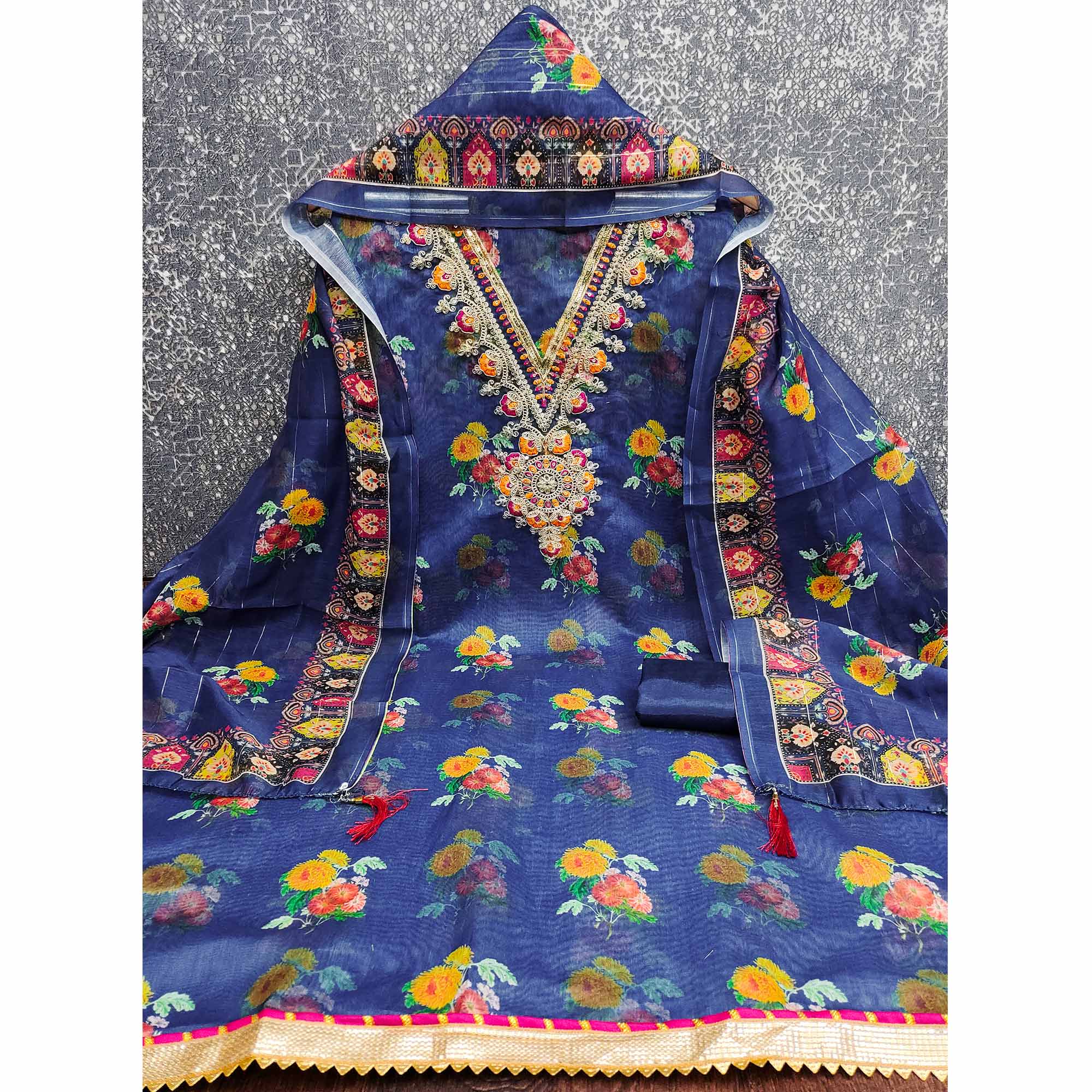 Blue Floral Digital Print Dress Material With Sequins & Cording Embroidery On Chanderi Silk