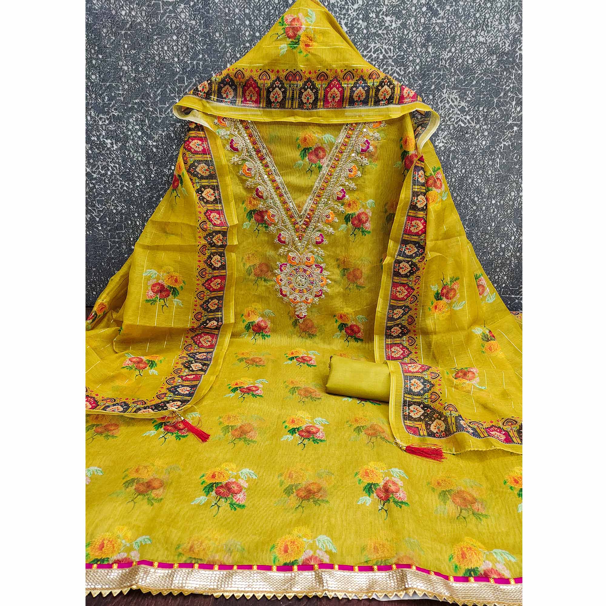Mustard Floral Digital Print Dress Material With Sequins & Cording Embroidery On Chanderi Silk