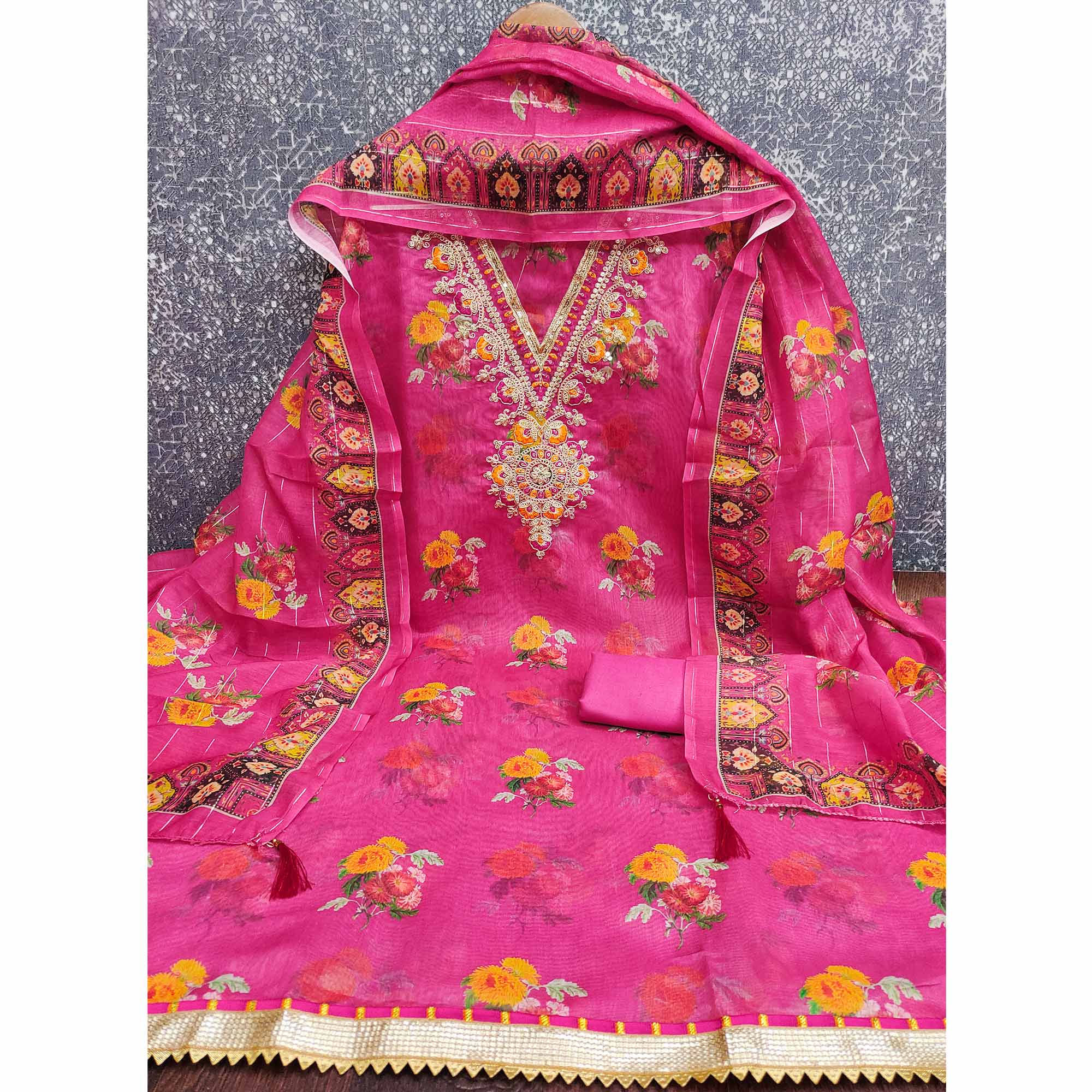 Pink Floral Digital Print Dress Material With Sequins & Cording Embroidery On Chanderi Silk