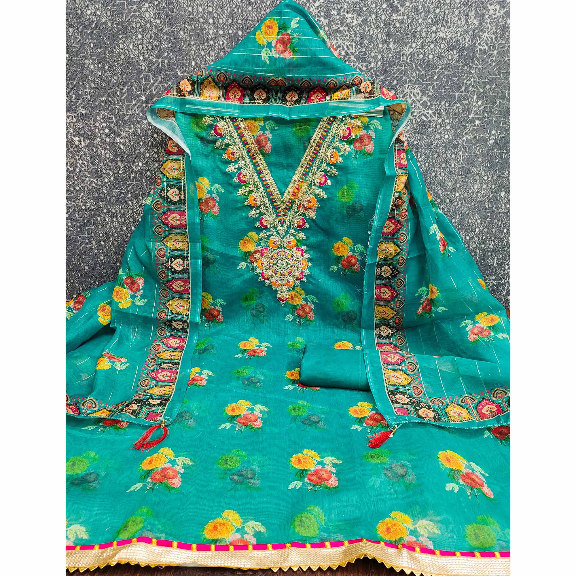 Teal Floral Digital Print Dress Material With Sequins & Cording Embroidery On Chanderi Silk