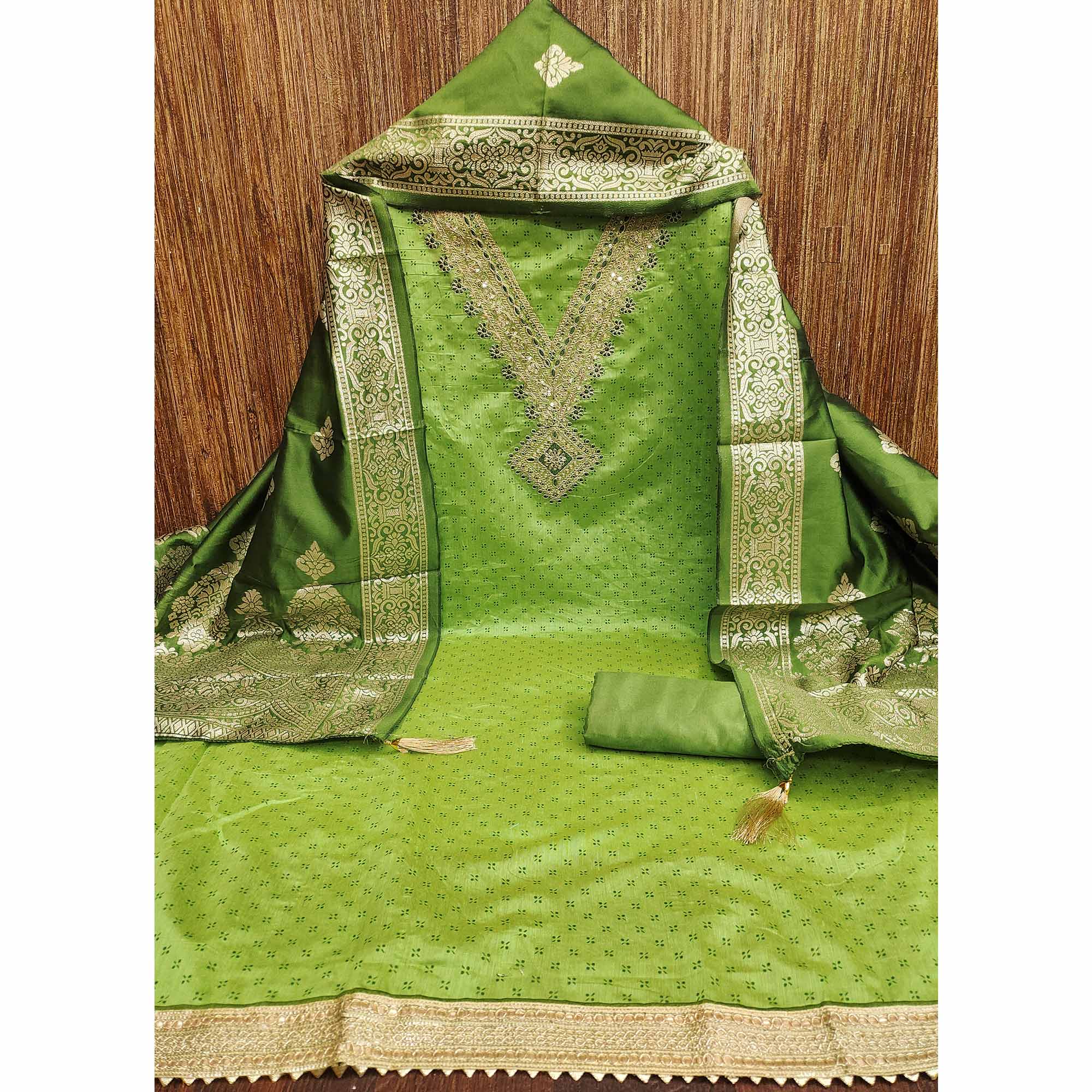 Green Printed Chanderi Silk Dress Material With Cording Sequins Embroidery On Neck