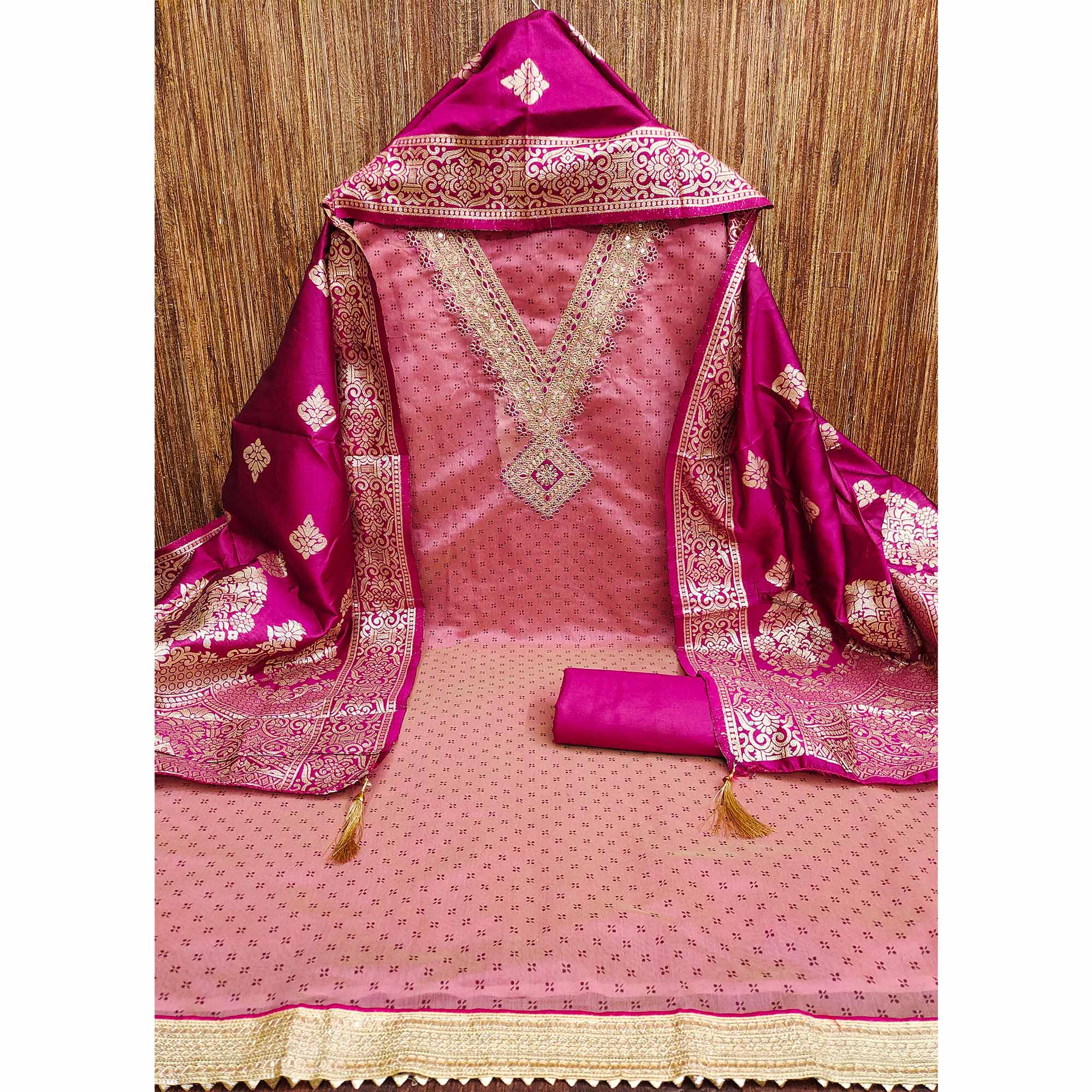 Pink Printed Chanderi Silk Dress Material With Cording Sequins Embroidery On Neck