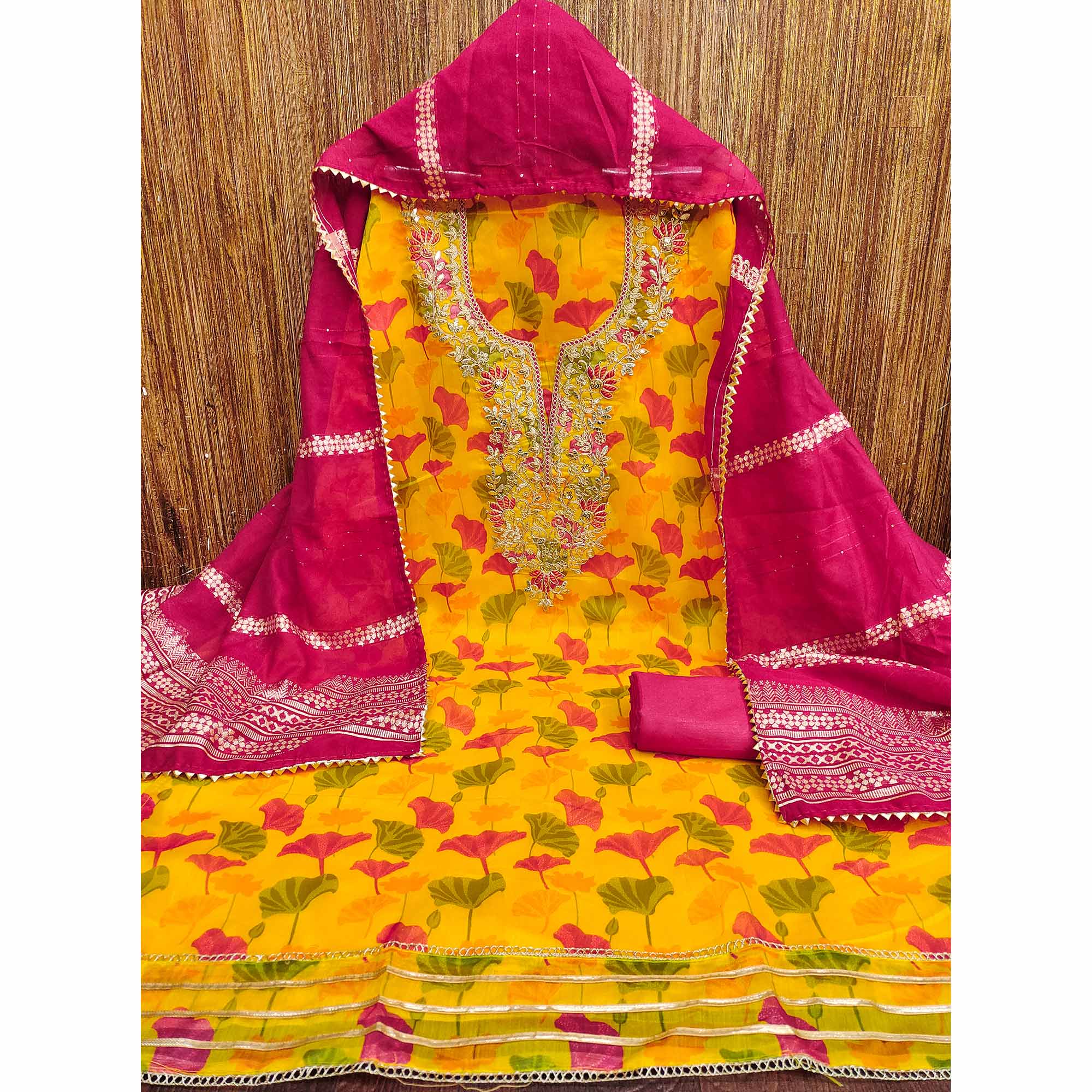 Yellow Floral Printed With Sequins & Cording Embroidery Chanderi Silk Dress Material