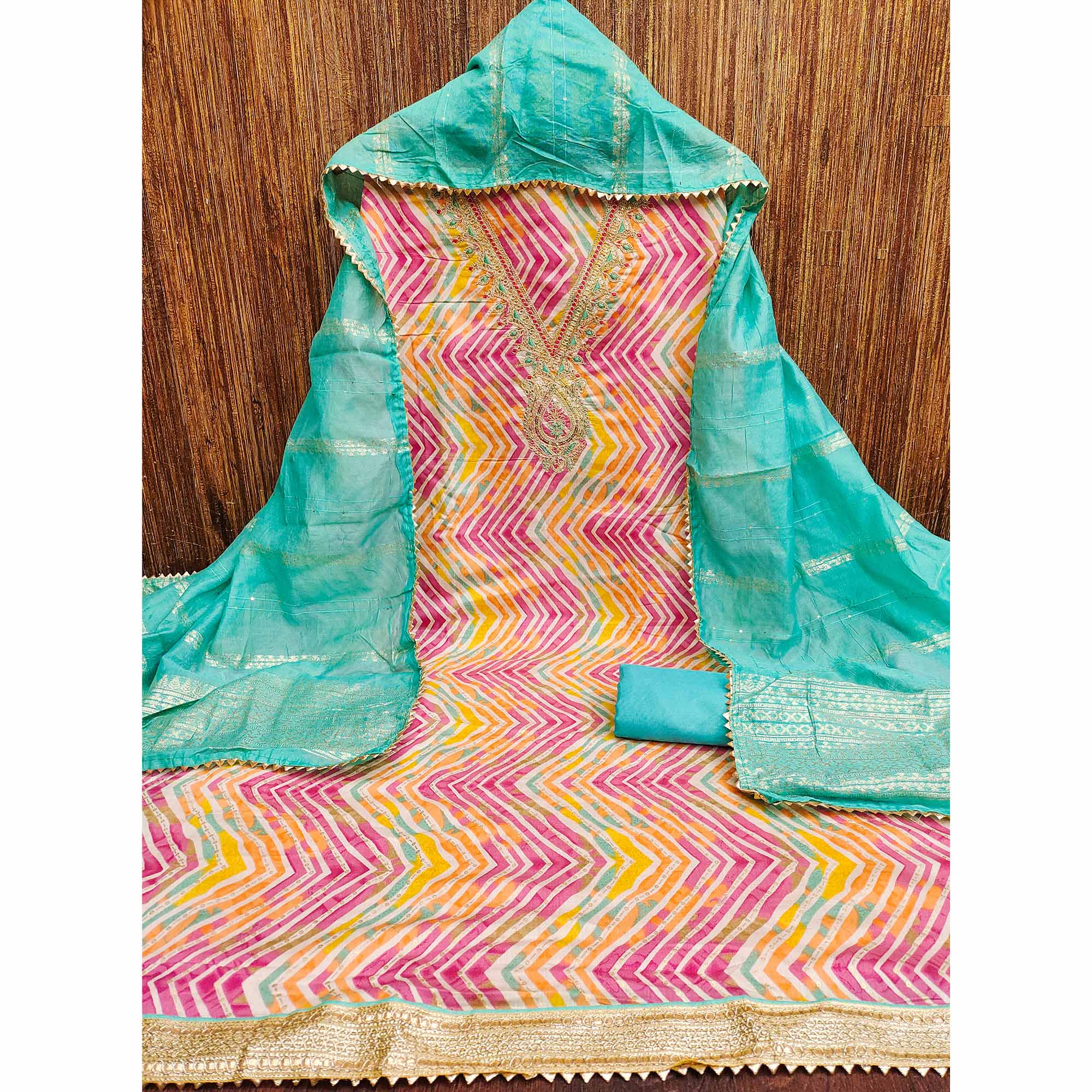 Rani Pink Zig Zag Printed With Sequins & Cording Embroidery Chanderi Silk Dress Material